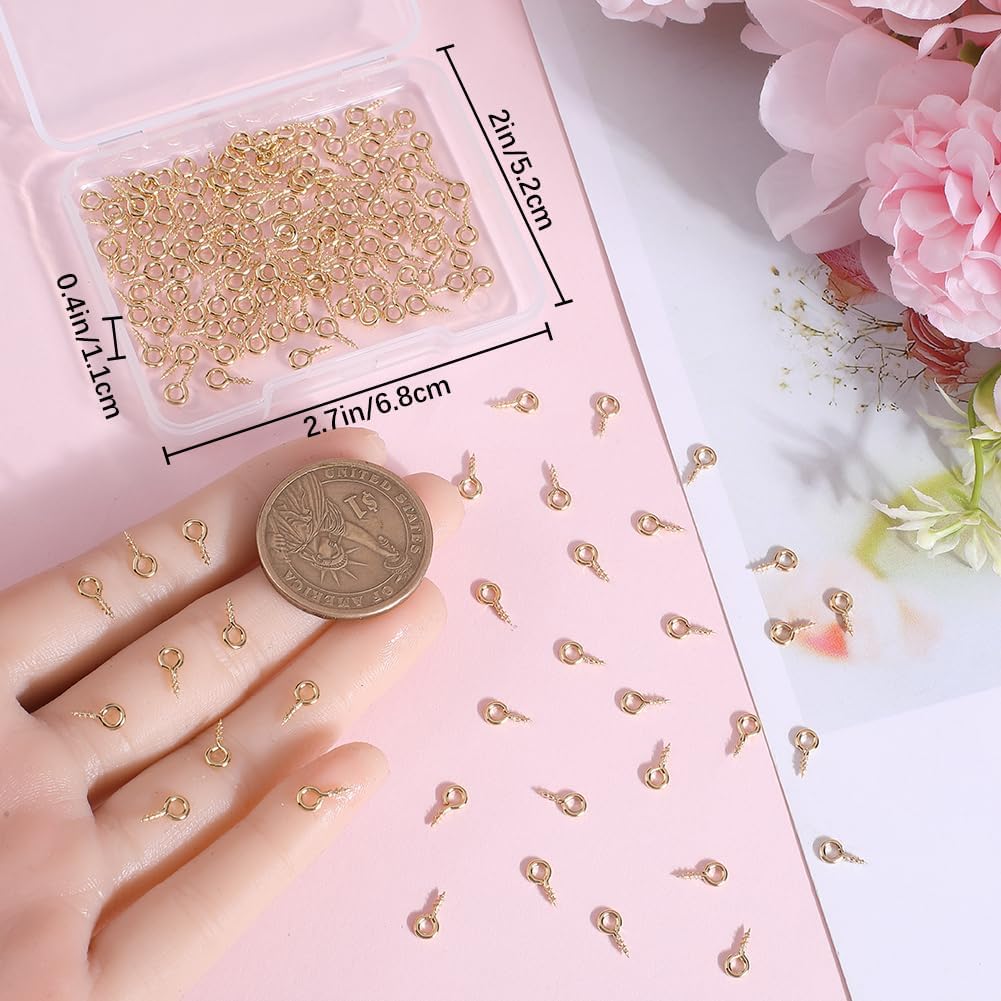 Beebeecraft 1 Box 150Pcs Screw Eye Pin Peg Bails 14K Gold Plated 8x4x1mm Mini Bails Clasps Connector for DIY Craft Half Drilled Beads Pearl Jewelry Making