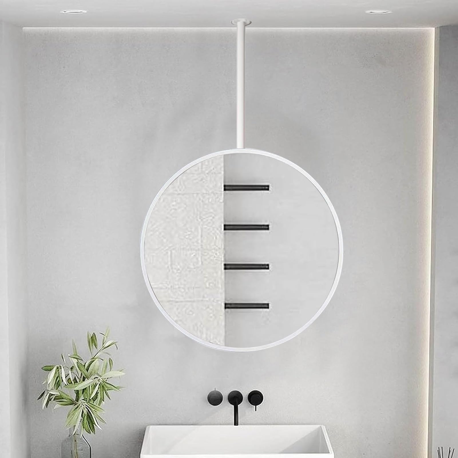 Miroir mural rond suspendu au plafond avec cadre en métal noir pour salle de bain