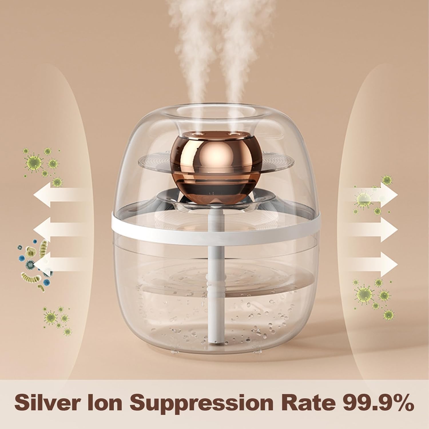 Dreamzy 3L Humidifier with silver ion suppression technology, showing arrows indicating the removal of bacteria and viruses.