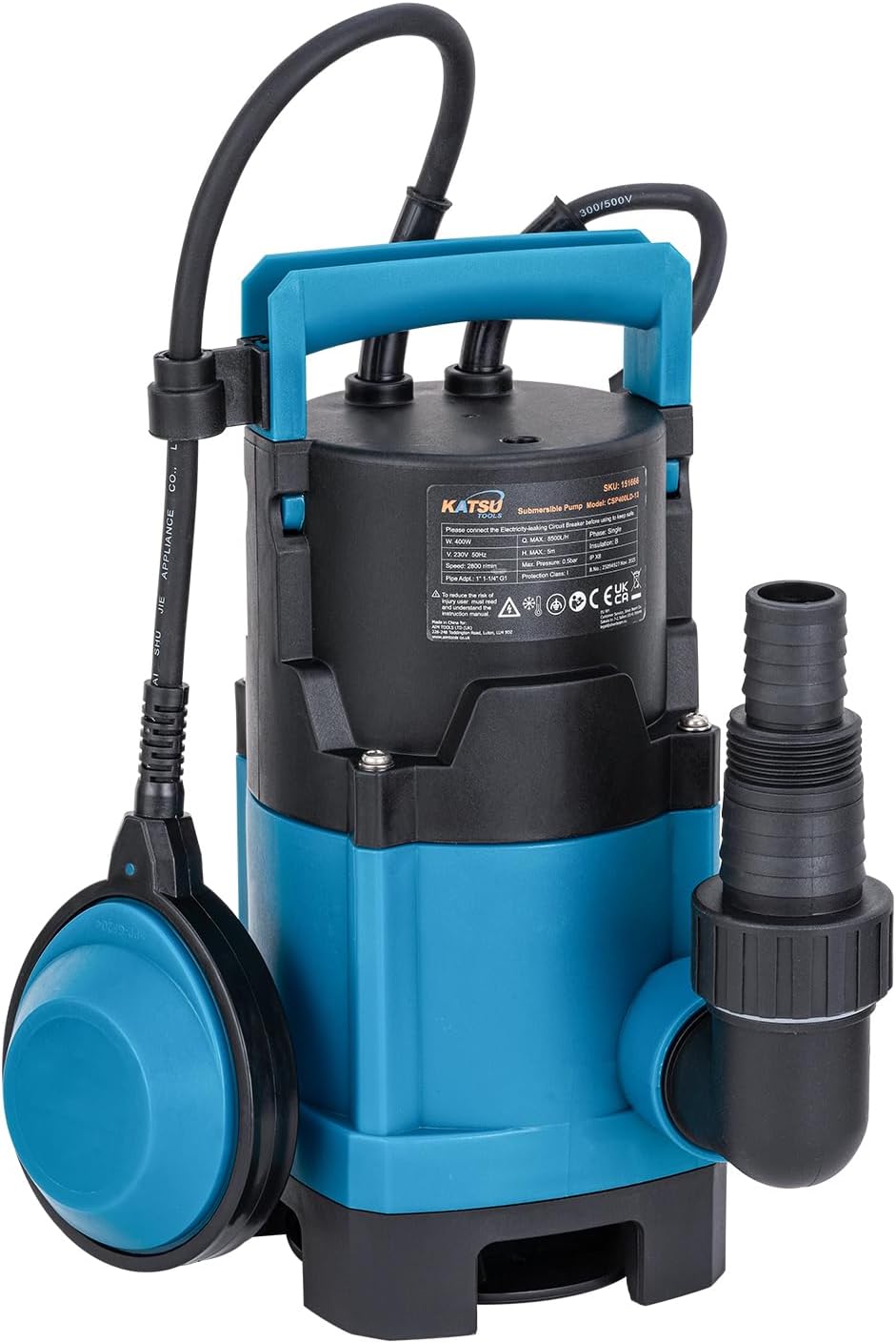 KATSU Tools 400W Portable Submersible Pump for Clean and Dirty Water 10000L/h for Garden Pond, Pools, Ditches + Float Switch + Changeable Base