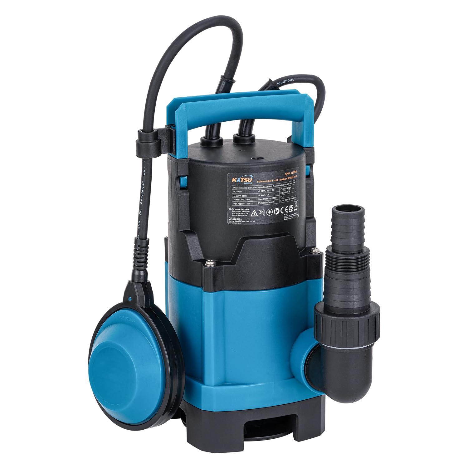 KATSU Tools 400W Portable Submersible Pump for Clean and Dirty Water 8500L/H for Garden Pond, Pools, Ditches + Float Switch + 10M Cable