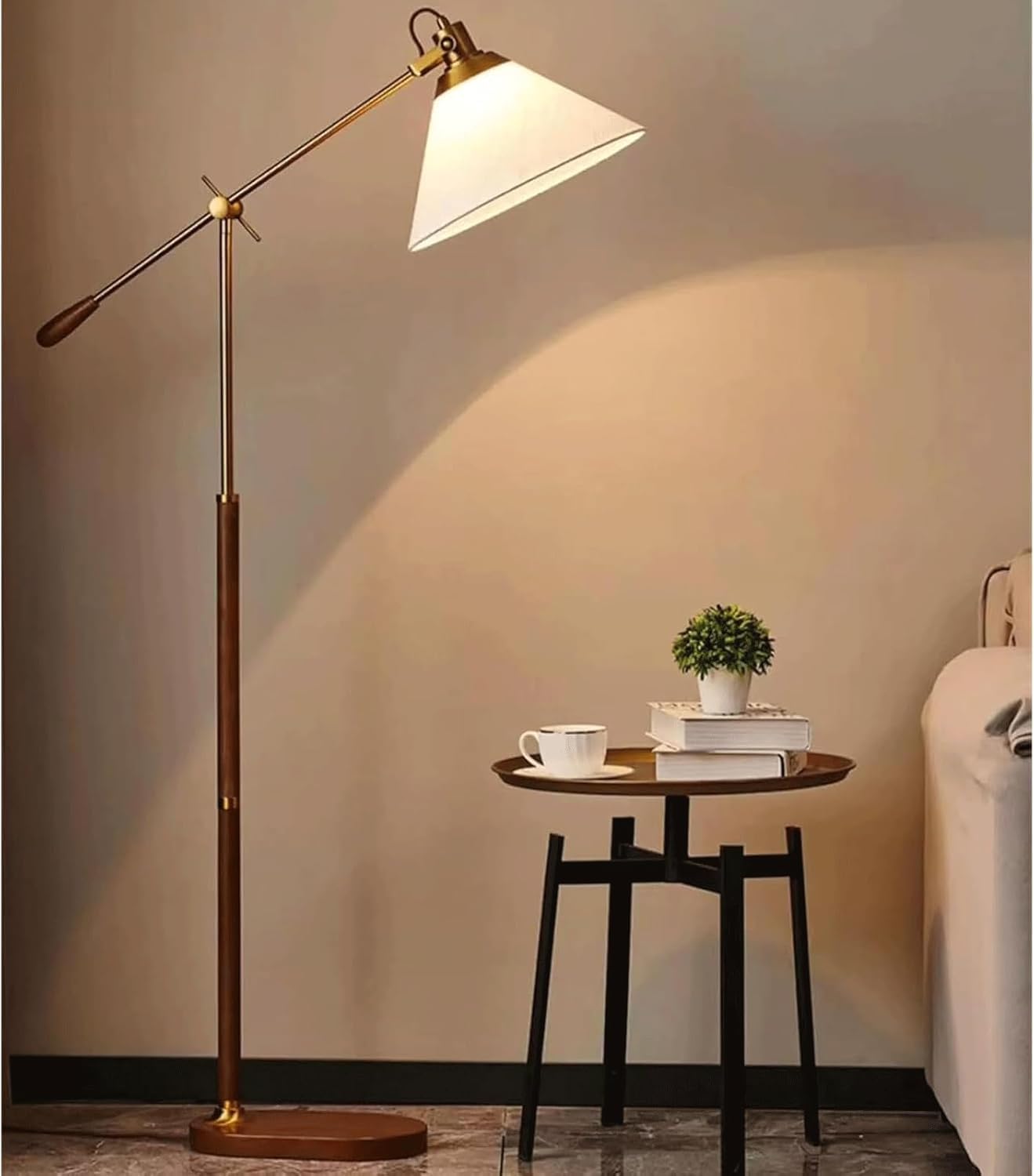 Regulowana lampa stojąca nowoczesna lampa podłogowa z ramieniem obrotowym do salonu lampka do czytania z kloszem z tkaniny i przełącznikiem nożnym