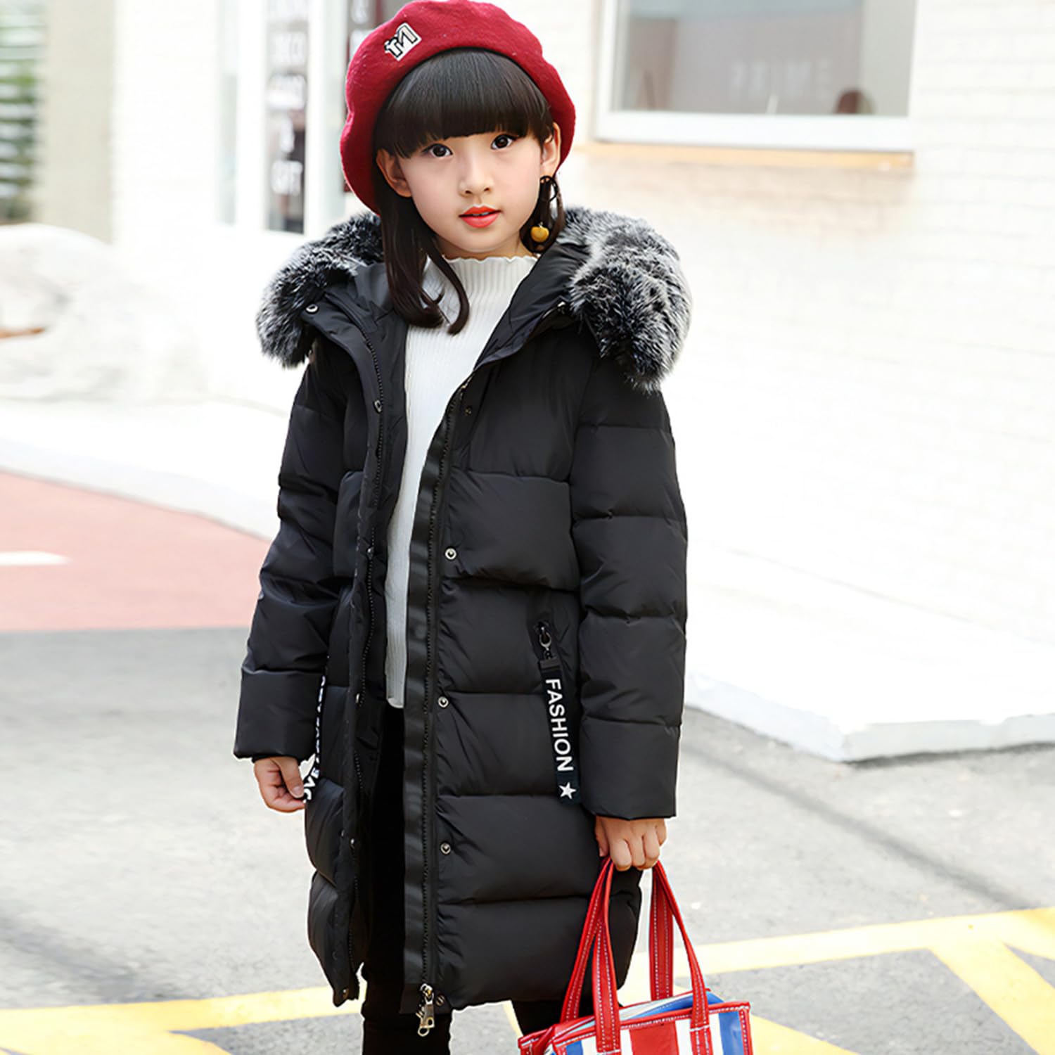 Fille Manteau d'Hiver Chaud Veste Enfant Doudoune mi Long Coupe Vent Parka mit Capuche Fourrure