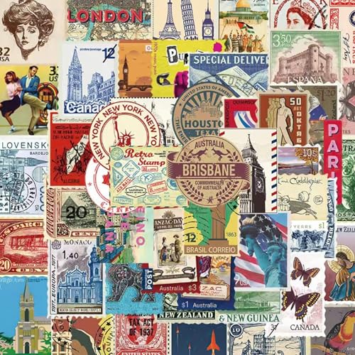 Image of Vintage Travel Postage Stamp Stickers - World Landmarks USA Australia Brazil Waterproof Vinyl Stickers for Journal Planner Laptop Scrapbooking