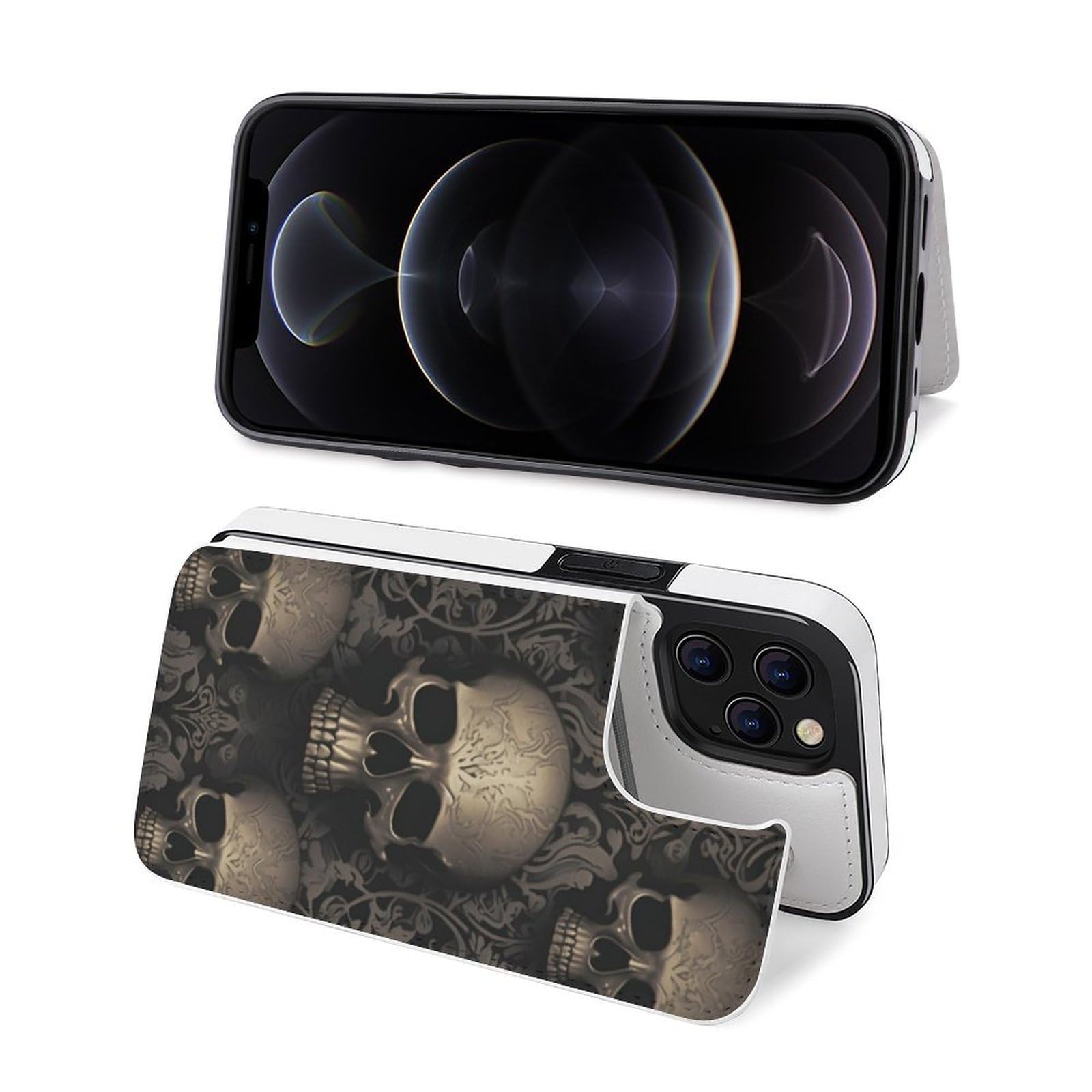 Funda tipo cartera para iPhone 12 Pro, papel pintado gótico, estampado de calaveras, funda de piel con ranuras para tarjetas