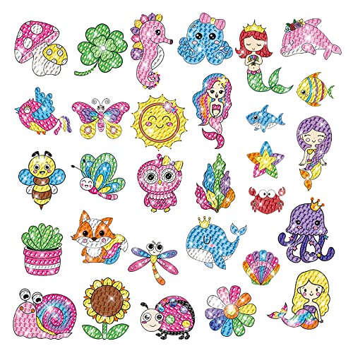 ACSAUMMY Diamond Art Painting Stickers 30pcs DIY Mermaid DIY Diamond Dots Painting Self-Adhesive Mosaic Stickers Gem Arts and Crafts for Kids Girls