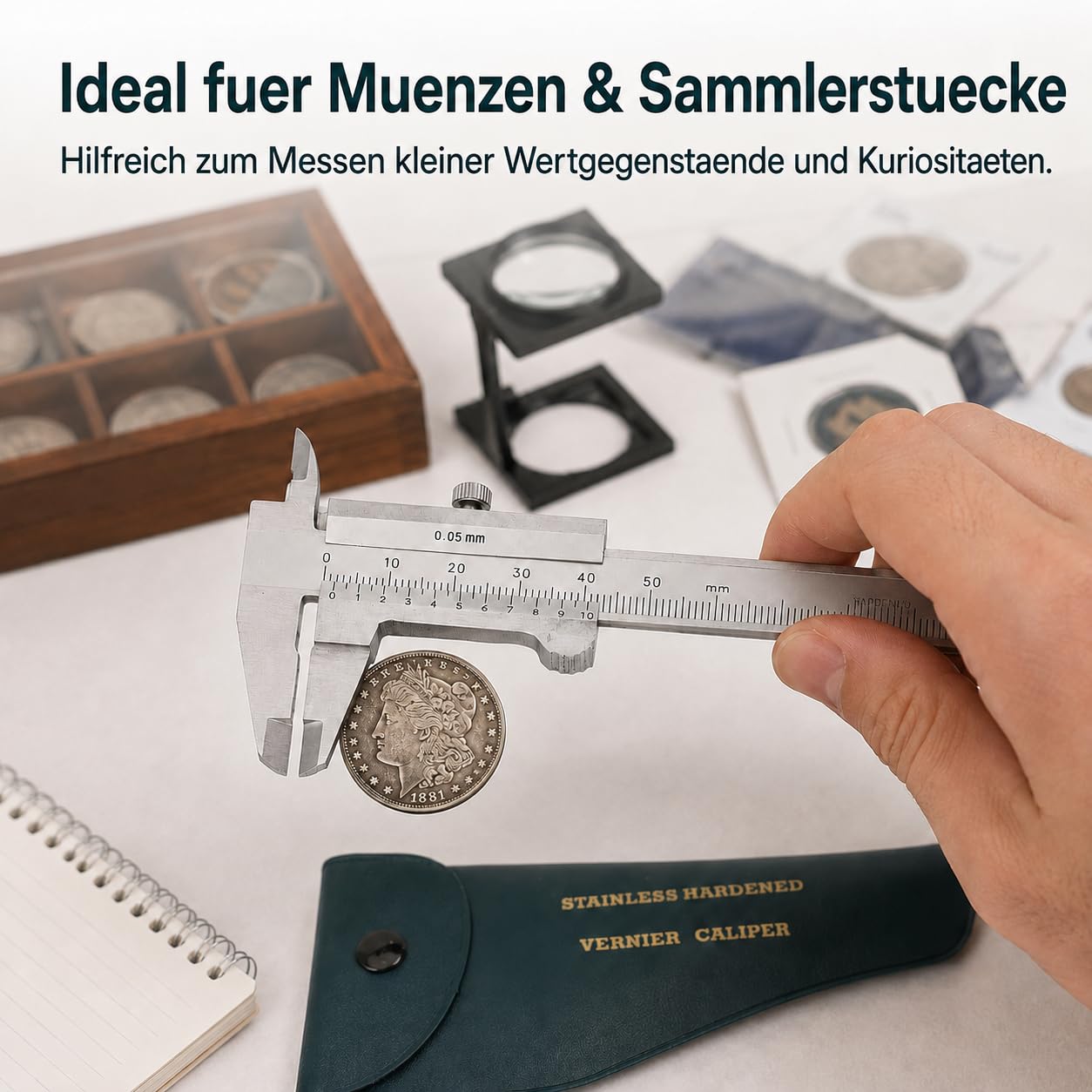 Messschieber Edelstahl Tragbar - 0-50mm Präzisions-Messwerkzeug mit 4 Messmodi, Doppelskala (mm/Zoll), Für Schmuck, Münzen, Antiquitäten, Studenten