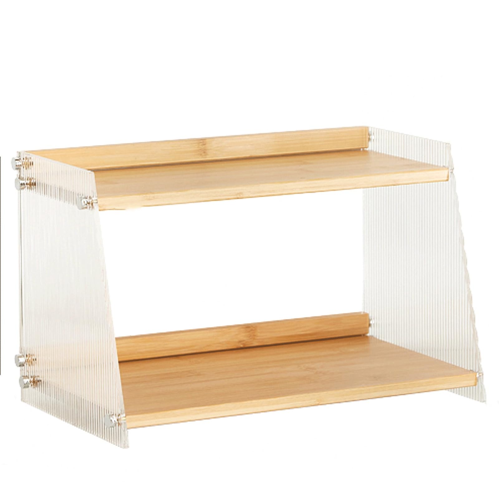Organizador de estante de escritorio, pequeño soporte de MDF y acrílico para escritorio, transparente y natural, ideal para maquillaje y organización de dormitorio