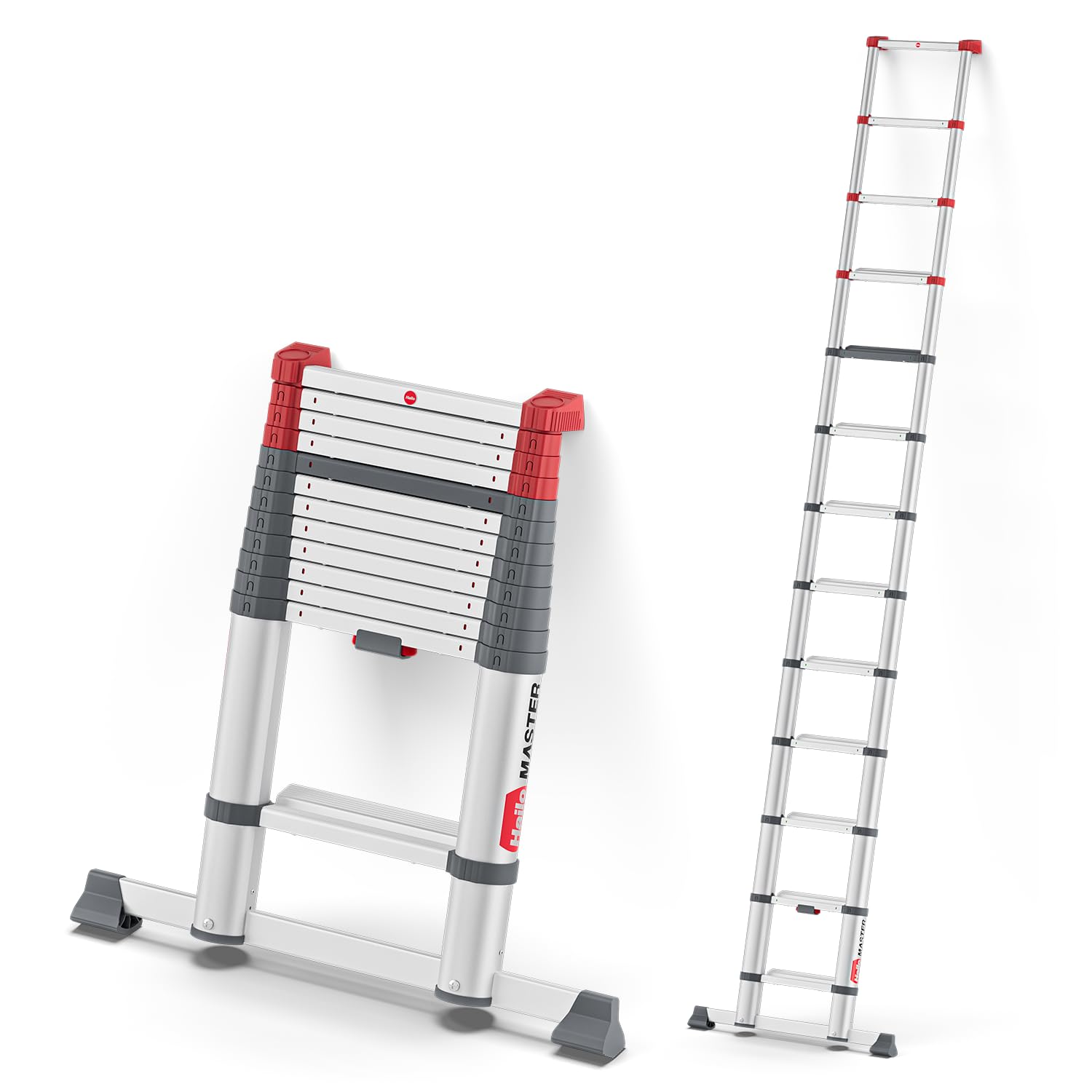 Hailo T100 FlexLine Scala telescopica di sicurezza – Scala estensibile in alluminio fino a 13 gradini – Altezza massima di lavoro fino a 470 cm – Portata fino a 150 kg – Argento