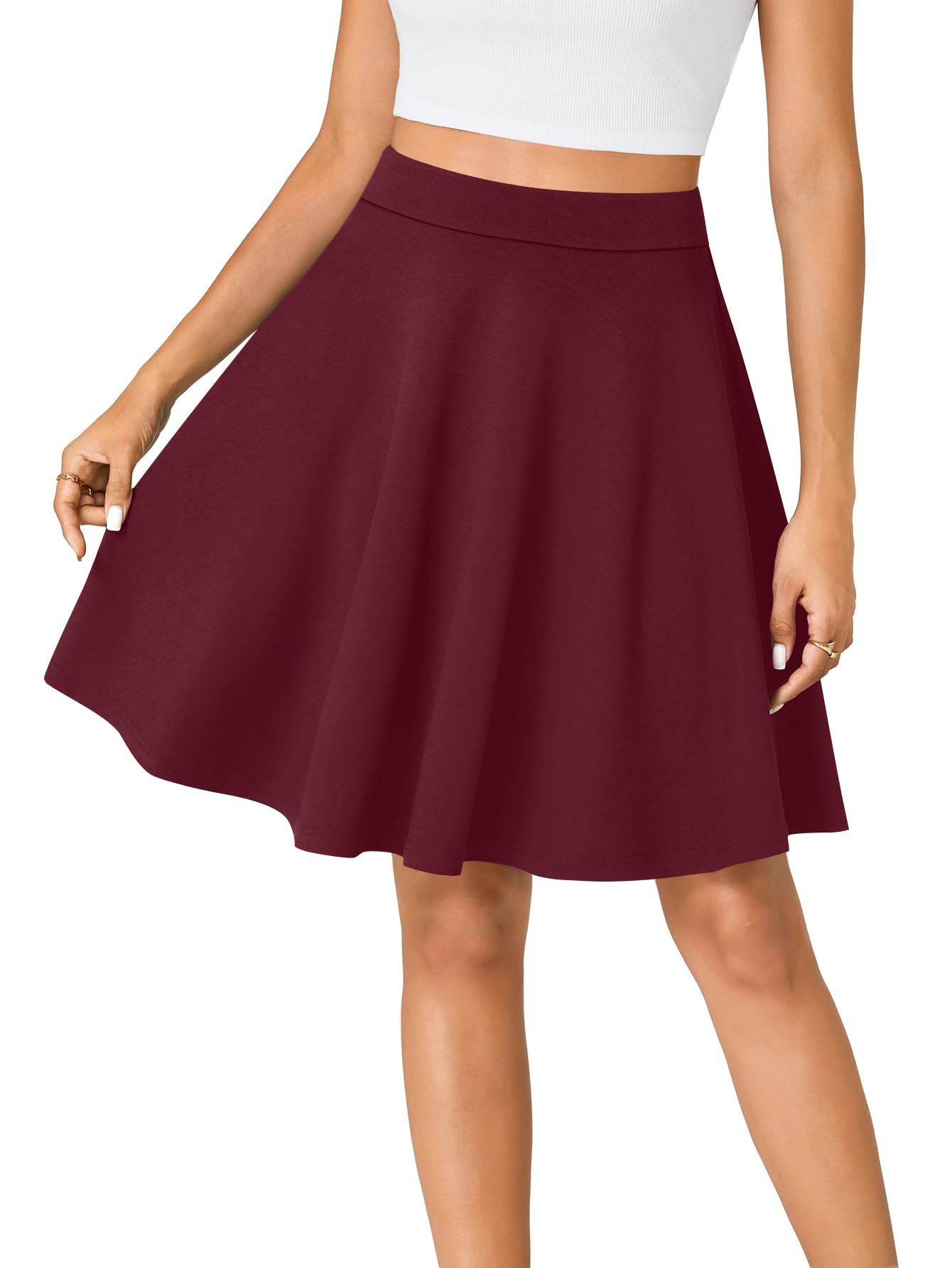 Vrtige Womens Casual Elastic High Waist A-Line Flared Knee Length Skirt