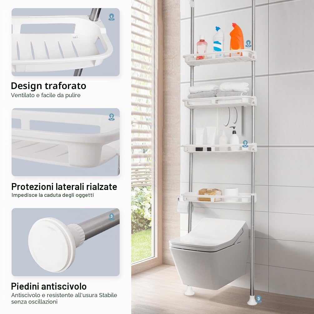 BAOYOUNI Scaffale Telescopico con 4 Cestelli, Mensola Portaoggetti sopra Toilette, Scaffalatura Salvaspazio per Bagno, Lavanderia, Camera da Letto, Ufficio o Cucina, Regolabili in Altezza, Avorio
