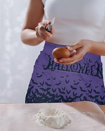 Miniatura 2 de DecorLovee Delantal de camarera de Halloween con 3 bolsillos, diseño de calabaza negra, impermeable, para cocina, restaurante, media cintura, para