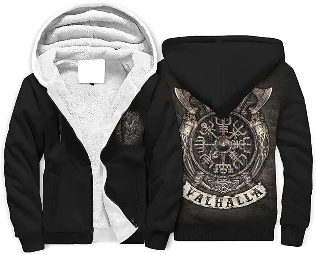 Viking Fleece Hooded Sweatshirt Thick Pullover Hoodies Winter Hoodies For Men Outdoor Athletic Hoodies Zip Up Jacket(Black,XXL)