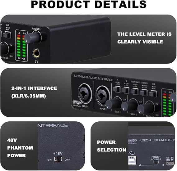 BOMGE U204 USB Audio Interface for PC Computer Recording Music, 2x2 Guitar Audio Interface for Mac 32Bit/192kHz Podcasting Streaming for Vocalist Producer with 48V Phantom