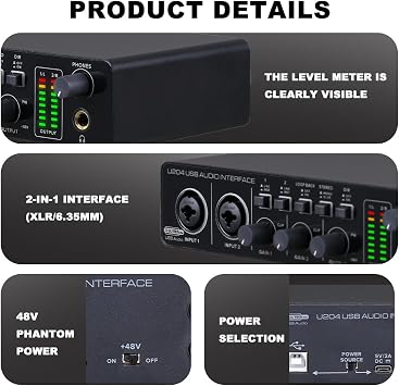 BOMGE U204 USB Audio Interface for PC Computer Recording Music, 2x2 Guitar Audio Interface for Mac 32Bit/192kHz Podcasting Streaming for Vocalist Producer with 48V Phantom