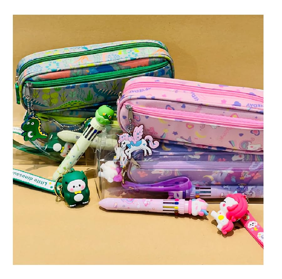 Image of Green Dinosaur Pencil Pouch Stationery Set with Soft Case Pouch, Multicolor Pen and 3D Dinosaur Keychain Art Artificial Leather Pencil Box (Set of 3, Greens) (Green Dinosaour Pencil Pouch)