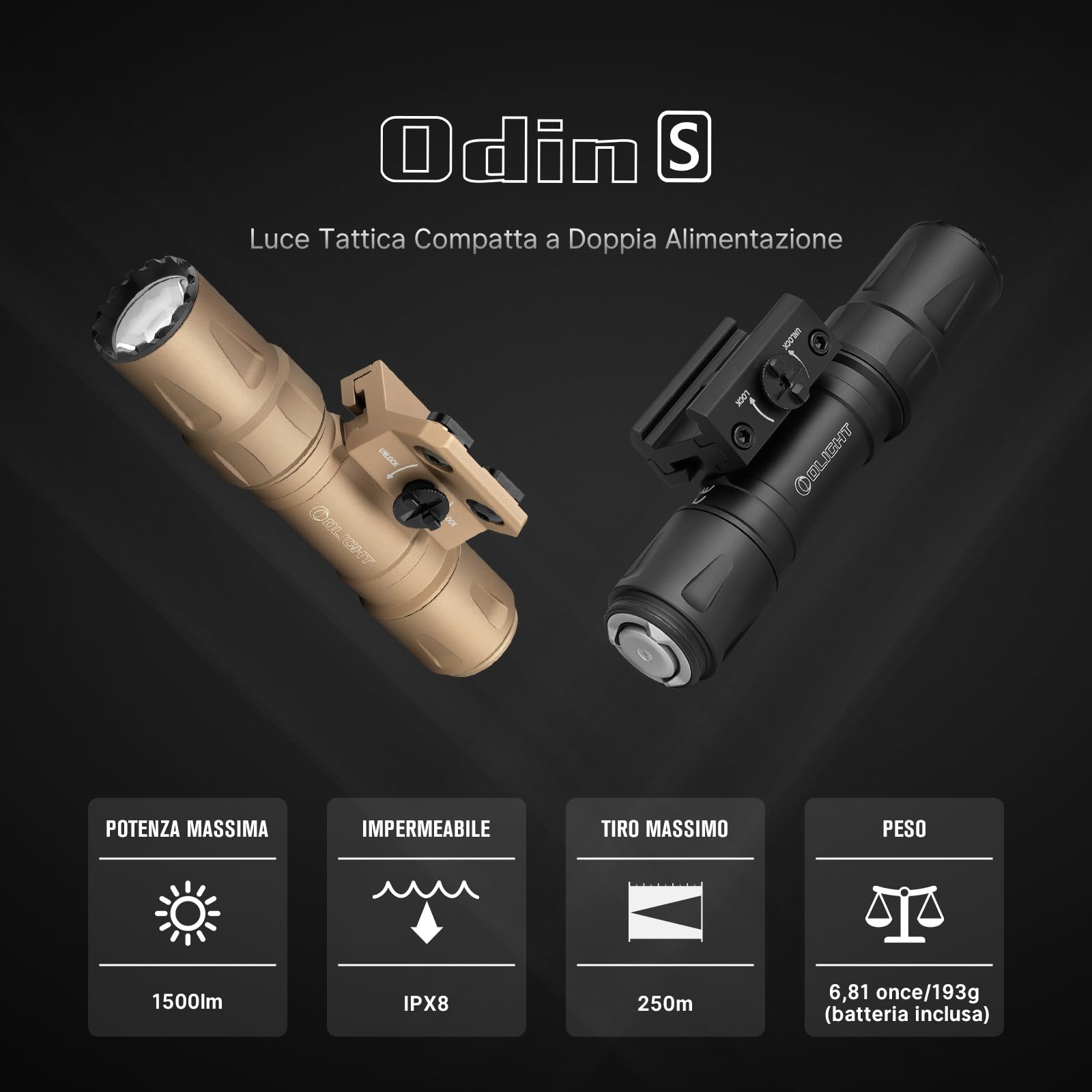 OLIGHT Odin S Torcia Professionale 1500 Lumen, Portata 250 Metri Compatibile con Attacchi M-LOK e Picatinny Design Stabile Leggero Impermeabile IPX7 per Caccia Escursionismo Sicurezza (Nero Picatinny)