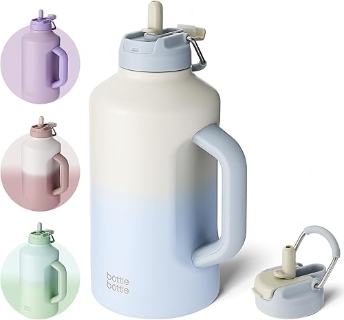 BOTTLE BOTTLE Botella de agua aislada de 64 onzas con popote y tapa de doble uso, botella de agua deportiva de acero inoxidable con asa al vacío de