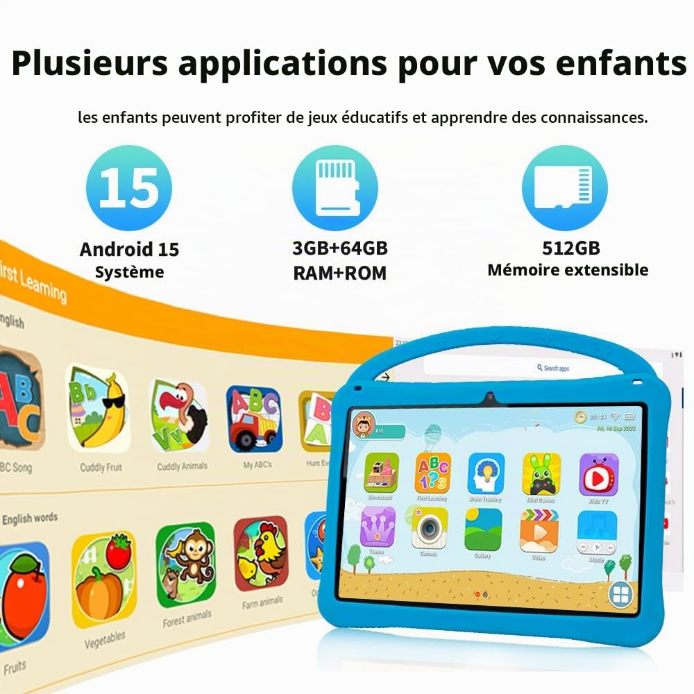 Veidoo Tablette Enfant 10,1" Android 15, 11 Go RAM (3 Go + 8 Go Ext.), 64 Go ROM, WiFi 6, Contrôle Parental, Stylet, Reconnaissance Faciale, Coque Anti-Choc, Jeux Éducatifs (Bleu)