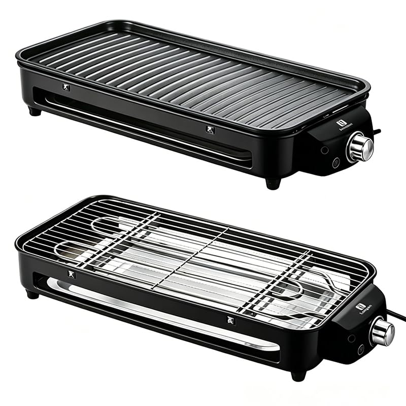 Versátil Churrasqueira Elétrica Portátil LONYAN 220V Ferro Inox 1500W Alta Potência Desmontável Fácil Limpeza Pouca Fumaça Controle de Temperatura Ótimo Para Casa e Acampamento (Preto, 220V)