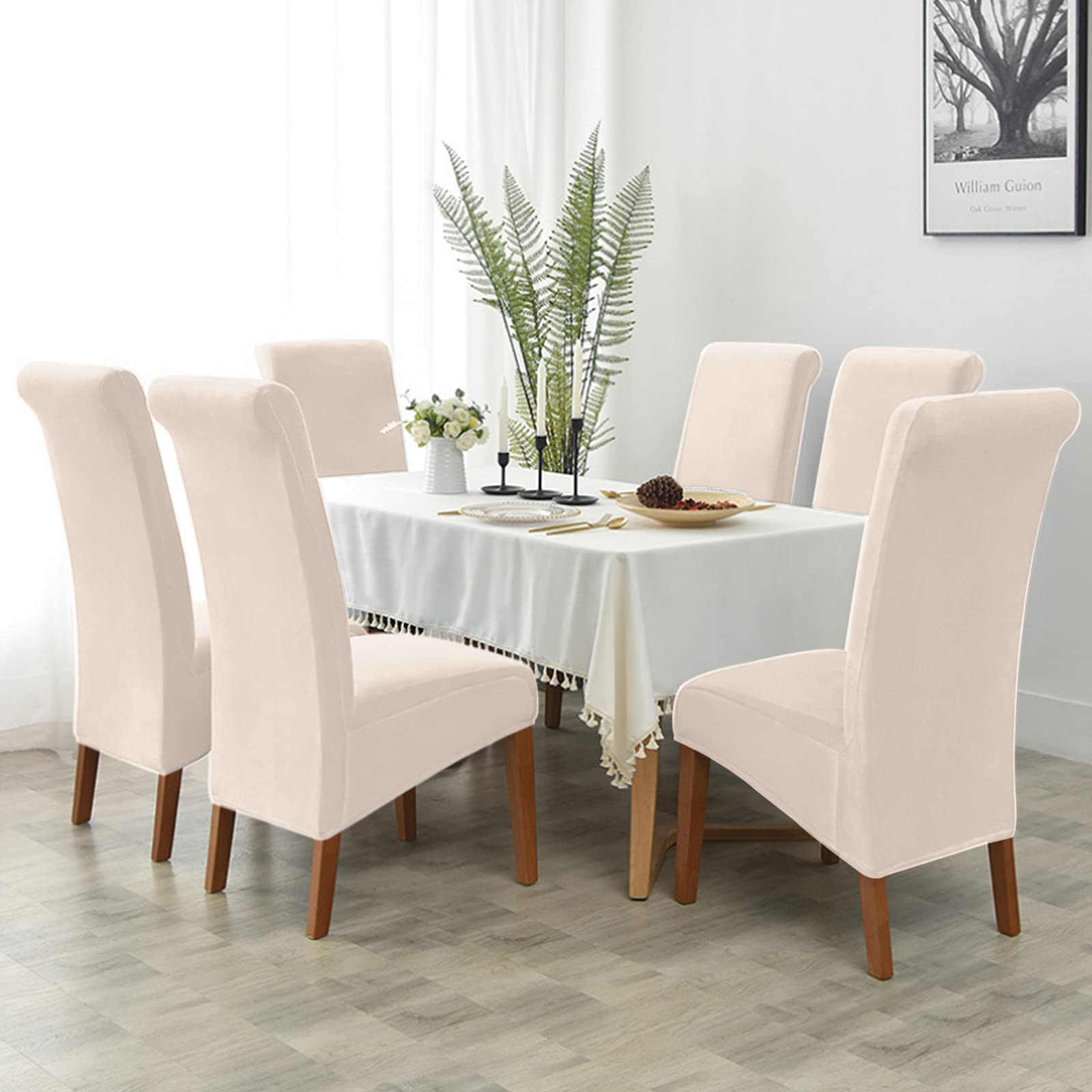 MIFXIN Large Dining Chair Covers Stretch Suede Velvet XL Size Chair Slipcover Spandex Soft Washable Chair Protector Seat Covers for Dining Room Kitchen Hotel Wedding Banquet (6 Pack, Beige)