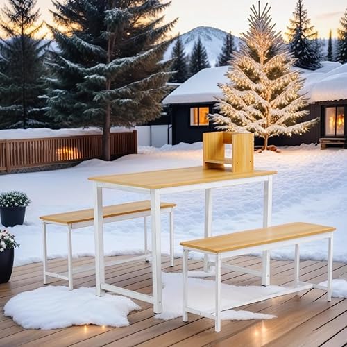 Miniatura 5 de Juego de mesa de comedor para 4, mesa de cocina con 2 bancos, juego de mesa de comedor de granja de 3 piezas, juego de mesa de cocina rectangular