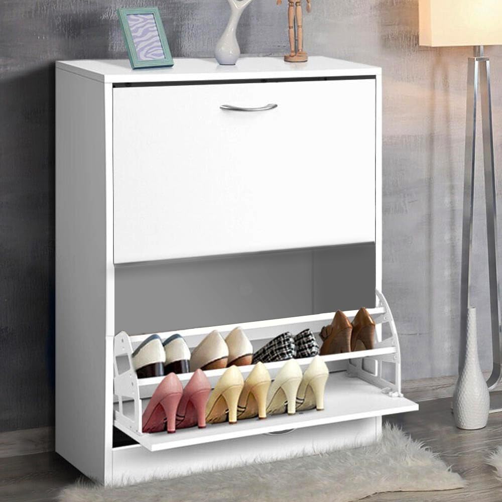 BAKAJI Scarpiera Salvaspazio Slim Portascarpe in Legno Melaminico con 2 Ante Bianco e Ripiani doppia profondità, Porta Scarpe Dimensioni Compatte a Doppia Profondità, Ideale per Ingresso (2 Ripiani)