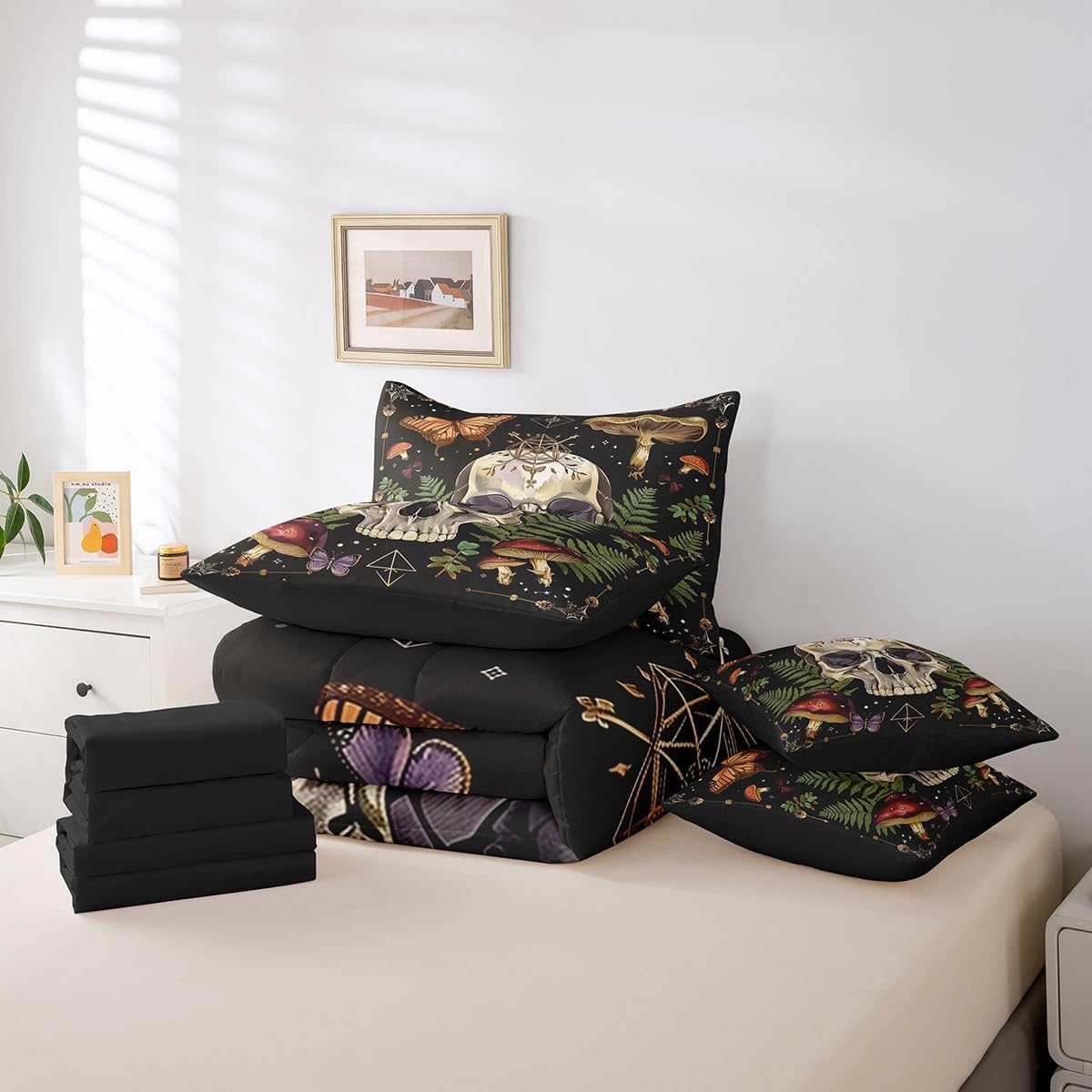 Feelyou Skull Comforter Set with Sheets Queen Size Butterfly Bed in a Bag for Boys Girls Teens Boho 7 Pieces Bedding Set Mushroom Bed Set Room Decor Earth Black