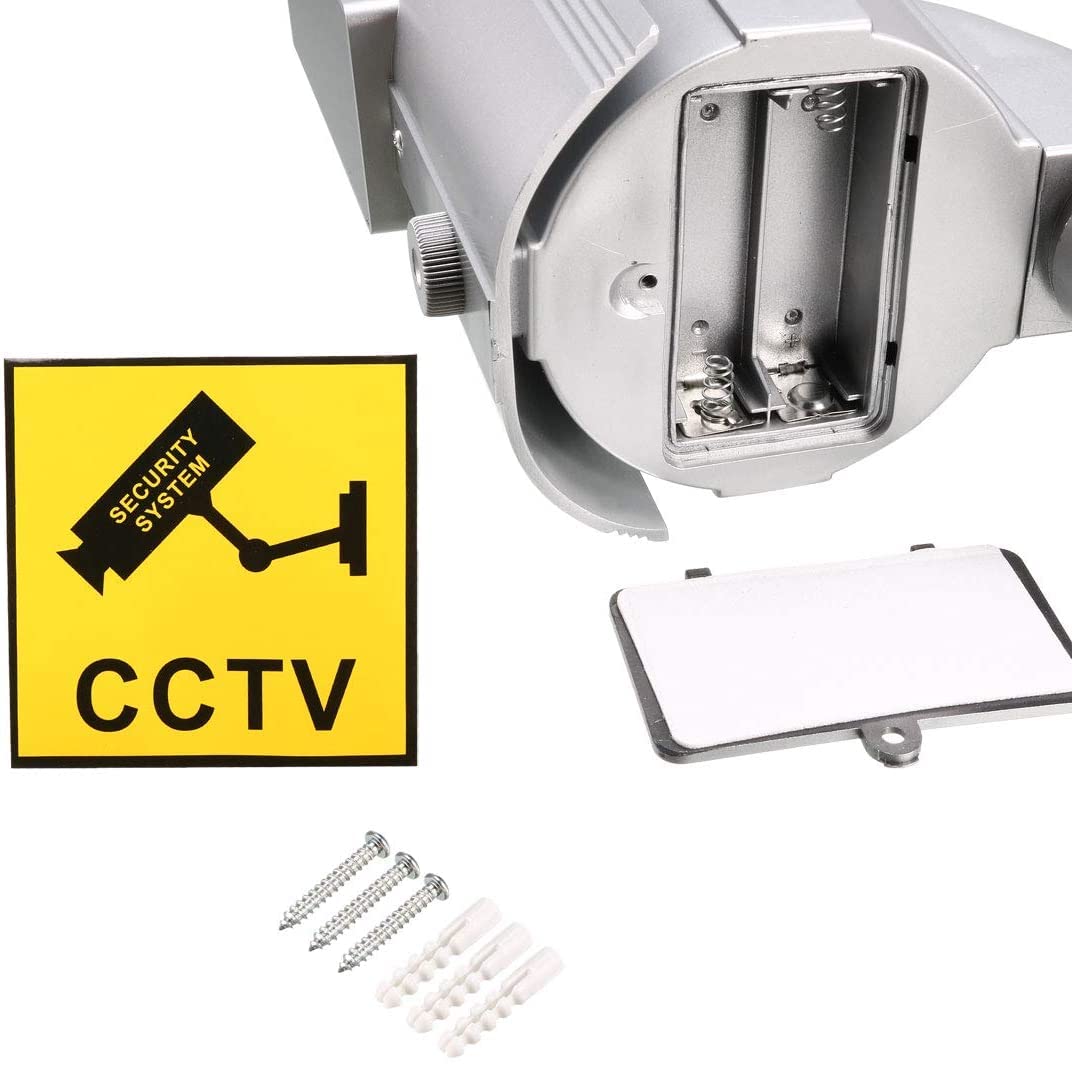 XYWHPGV Fausse caméra de sécurité système de surveillance CCTV factice à énergie solaire avec voyant d'avertissement LED rouge clignotant, autocollant pour la maison extérieur intérieur argent 2 pièce
