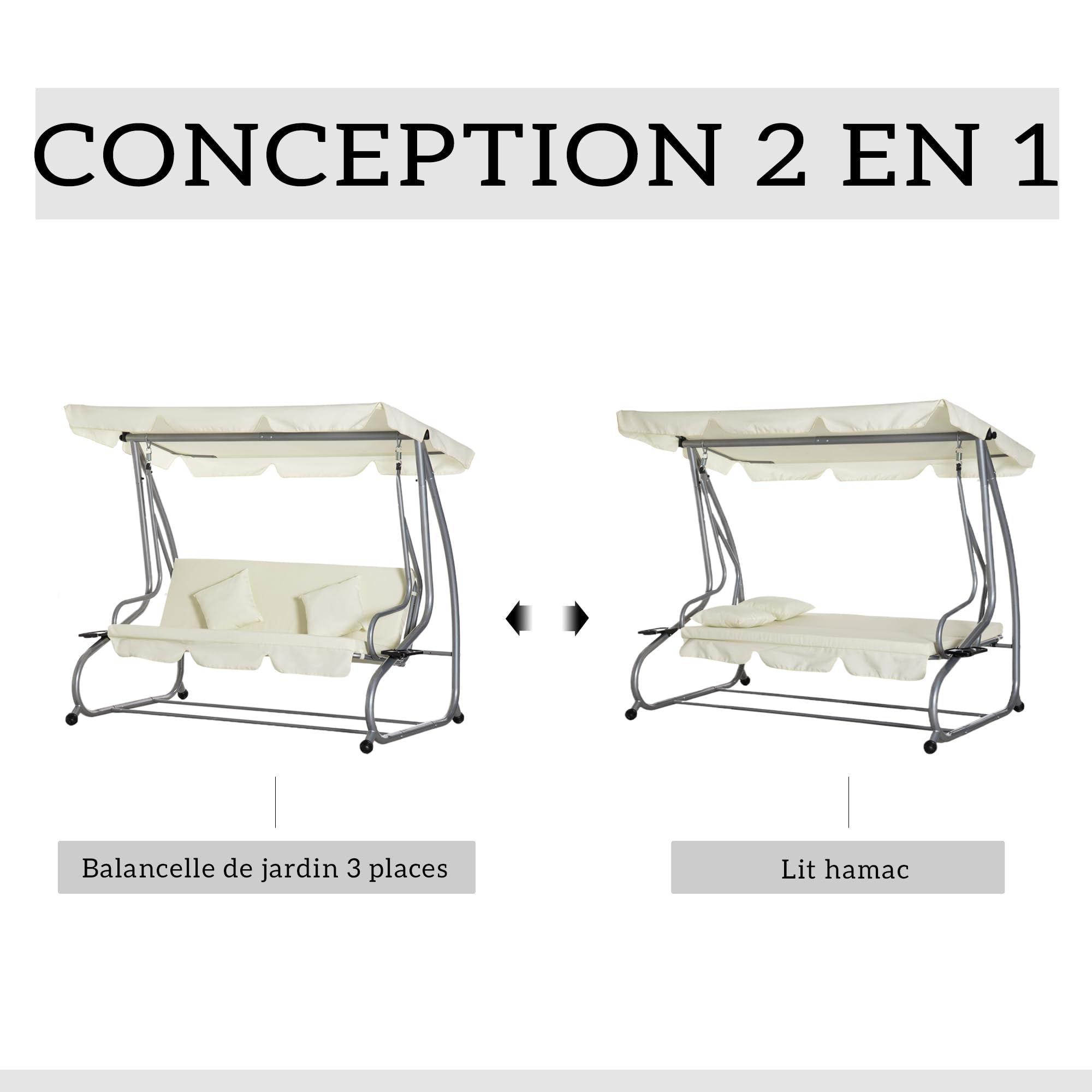 Outsunny Balancelle de Jardin 3 Places Convertible Toit Inclinaison réglable Acier Noir Polyester Beige
