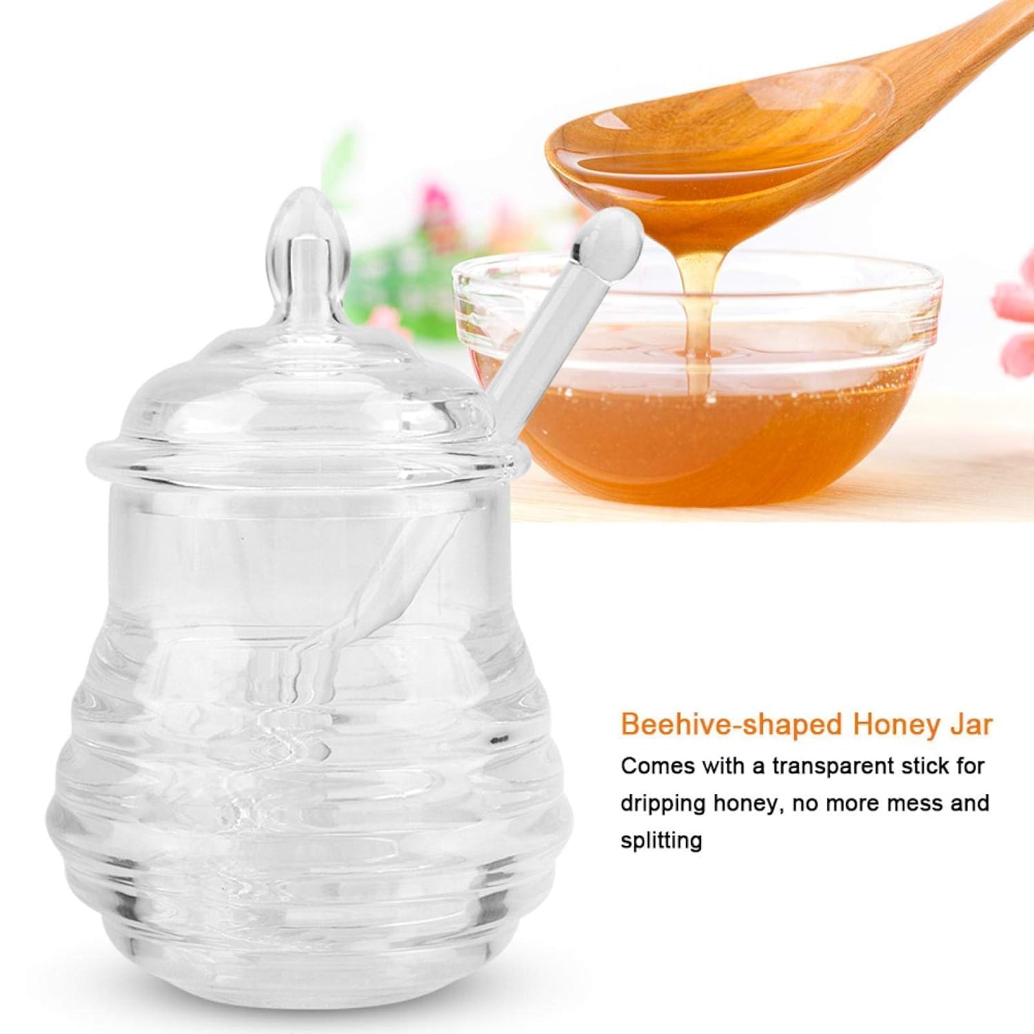 Cheet enterprise Honey jar acrylic with dipper and lid - bee honey pot for Jam/Jelly/Syrup/Home/Kitchen (Pack of 1)(250ml) 4