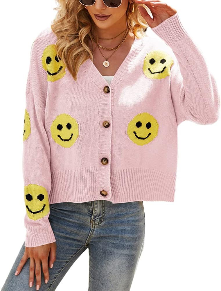 chouyatou Women's Loose-Fit Smile Face Jacquard Knitted Cardigan Sweater Jacket