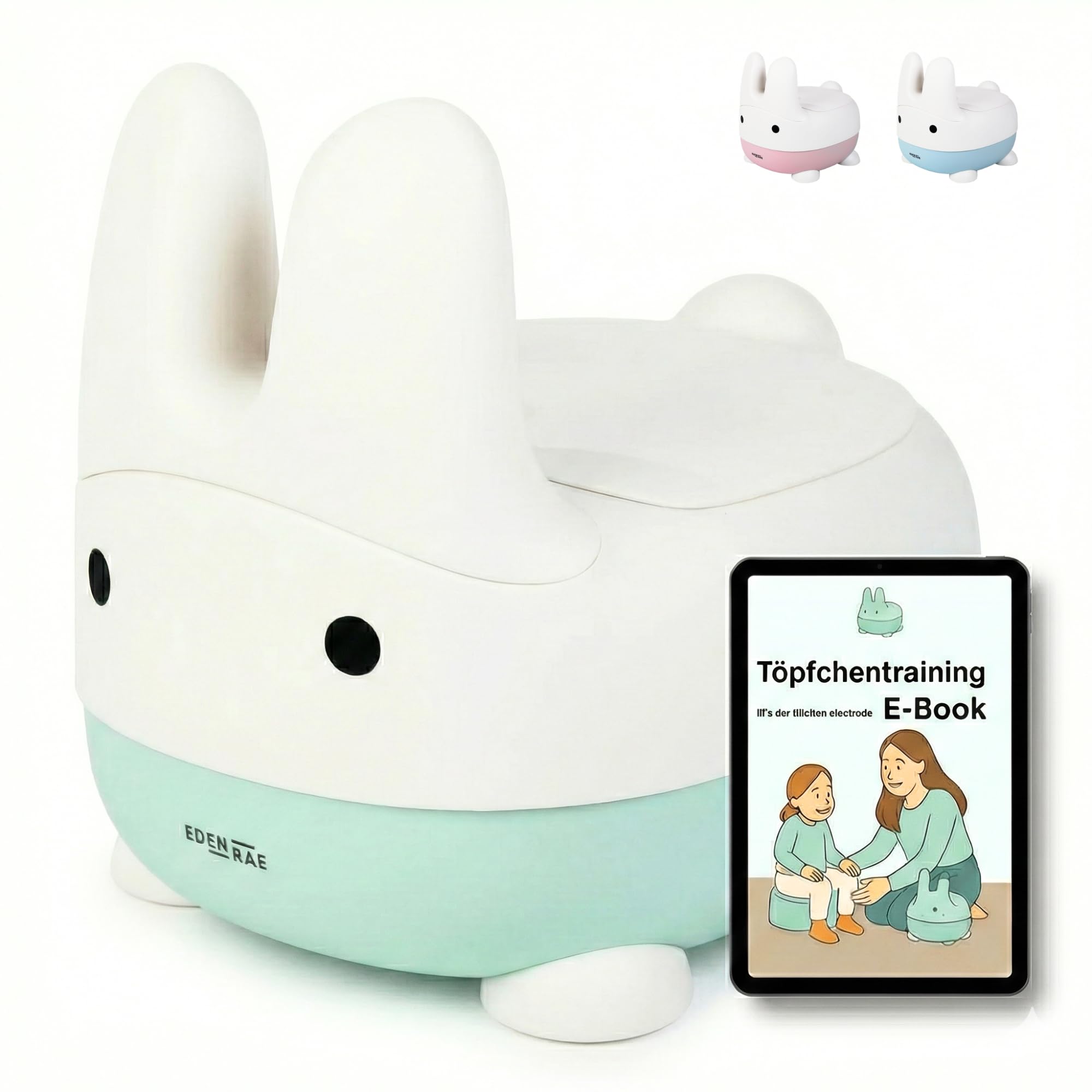 Töpfchen Kinder mit Deckel – Kindertöpfchen ab 1 Jahr, Babytoilette BPA-frei, Hasen Design, inkl. E-Book & Belohnungskarte – Grün – von EDEN RAE®