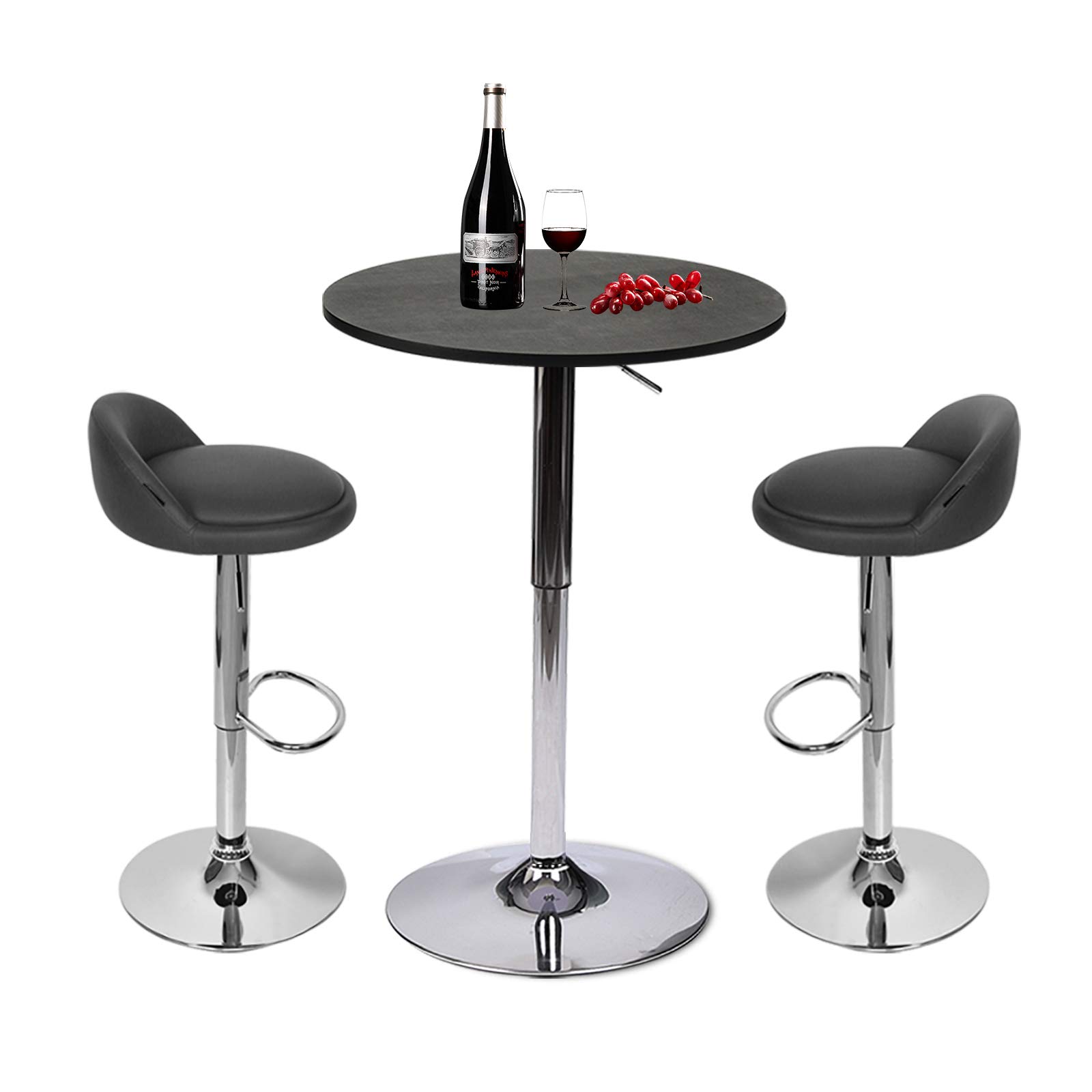 Fullwatt Bar Table Set 3-Piece, Adjustable Swivel Dining Table Set w/ 2 Stools Pub Kitchen Dining Furniture, Round Pub Table (Dark Grey Chair+ Black Table)