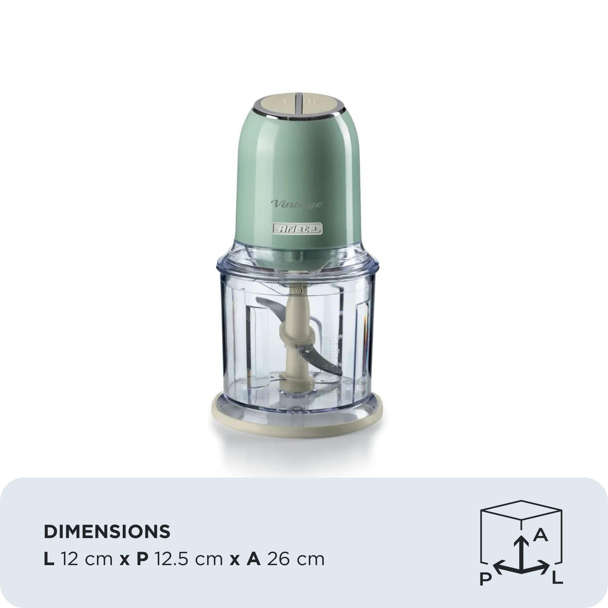 Ariete Vintage 438, Hachoir Électrique de Légumes et de Glace avec 2 Vitesses, 4 Lames en Acier Inoxydable, Pieds Antidérapants, 600 ml, 400W, Vert