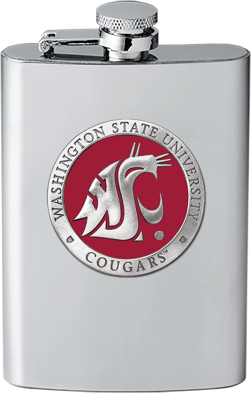 Heritage Pewter Washington State Cougars Flask | 8 Ounce Liquor Flask Container - Stainless Steel | Intricately Crafted Metal Pewter Alma Mater Inlay