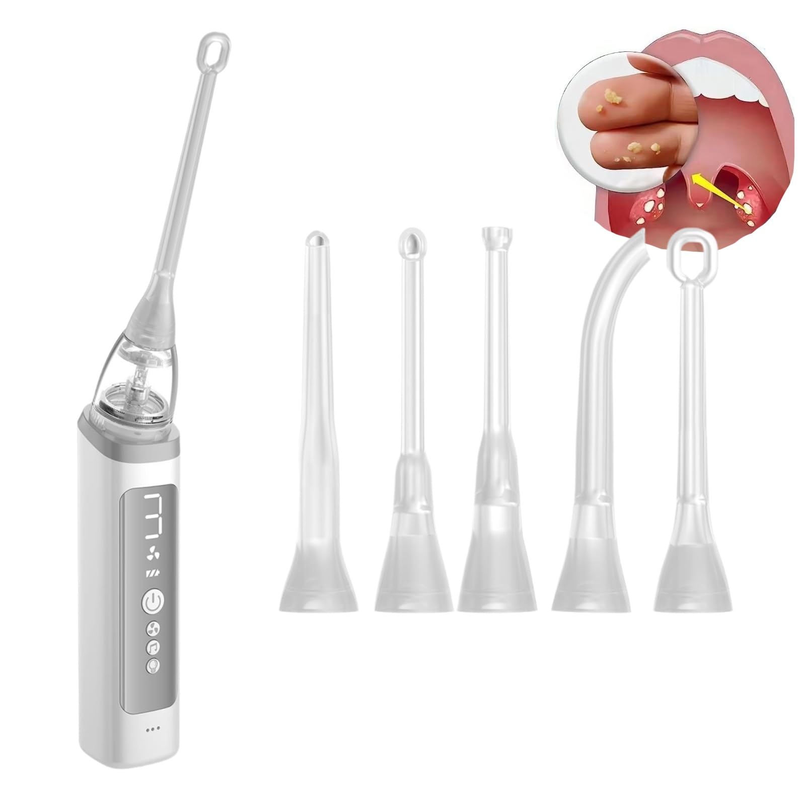 Kit de Succión for Eliminación de Amígdalas, 3 Modos Ajustables, 5 Boquillas de Silicona, Irrigador Bucal for Combatir el Mal Aliento, Uso Doméstico for Adultos