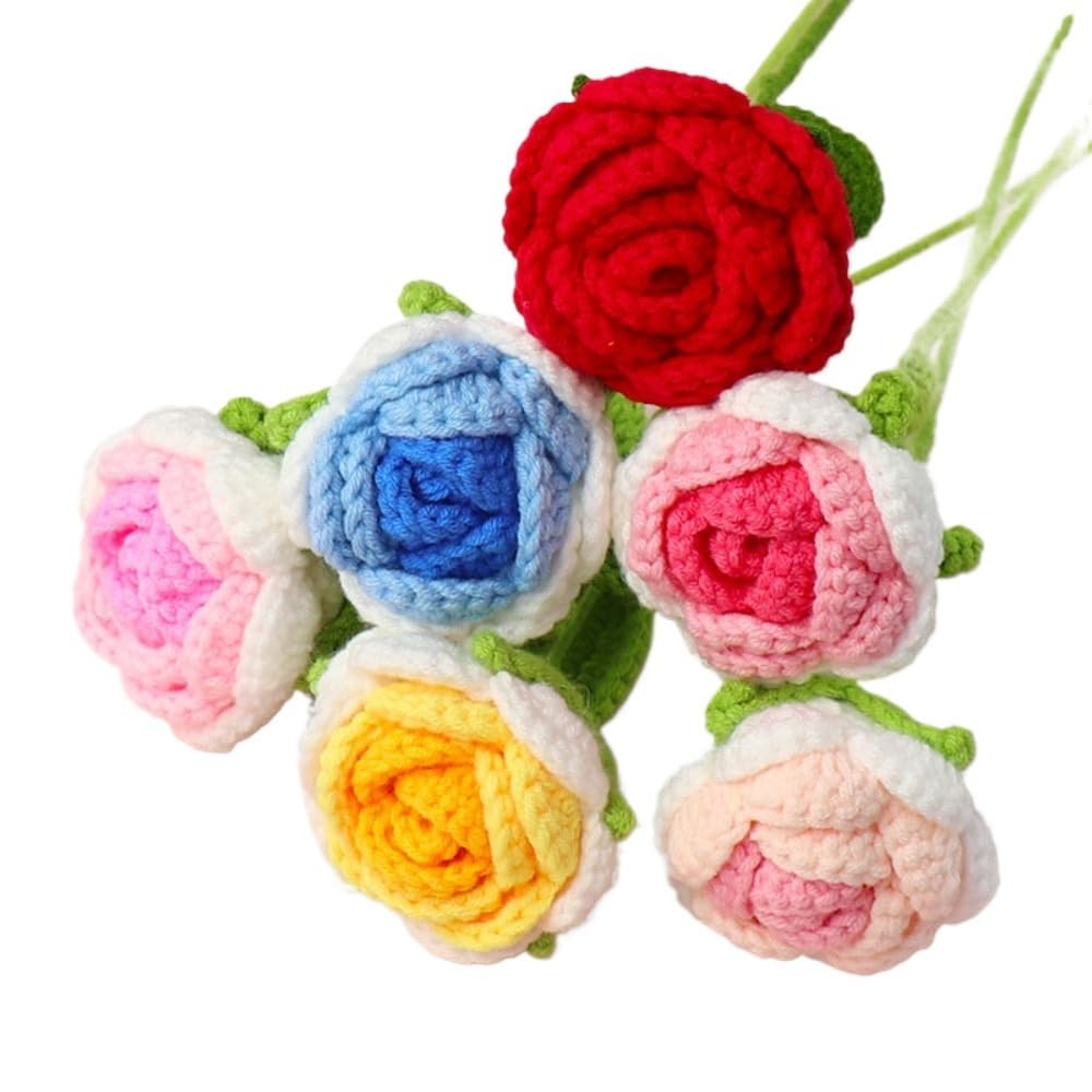 MAIKAILE Handmade Crochet Rose Flowers Knitted Floral Stems