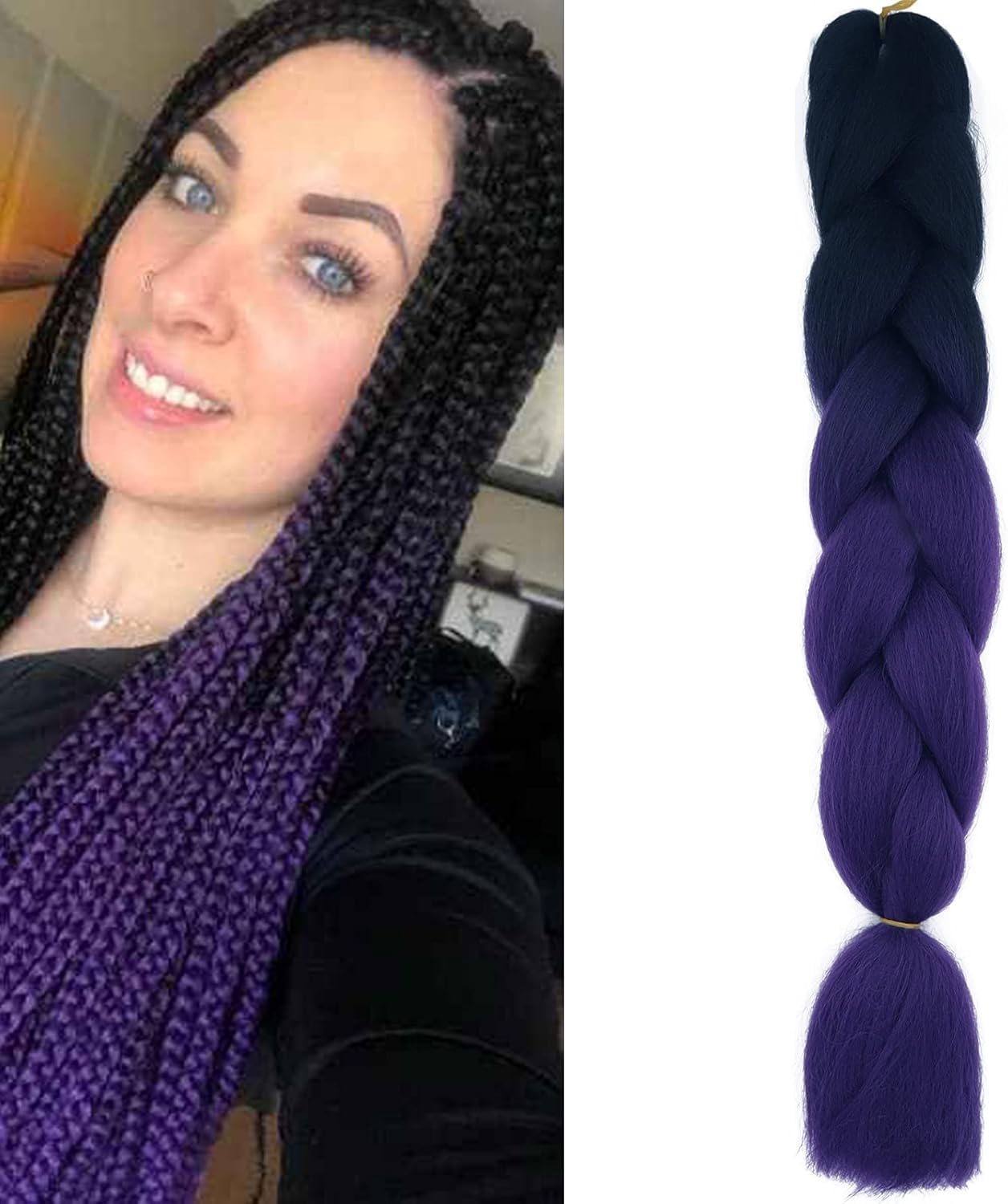 DELUXE HAIR 1 PCS Ombre Braiding Hair Coloured Hair,Coloured Hair Extensions,Braiding Hair,Hair Extensions for Braiding,Suitable for Women and Girls Braided DIY Wigs (black and purple)-image-18