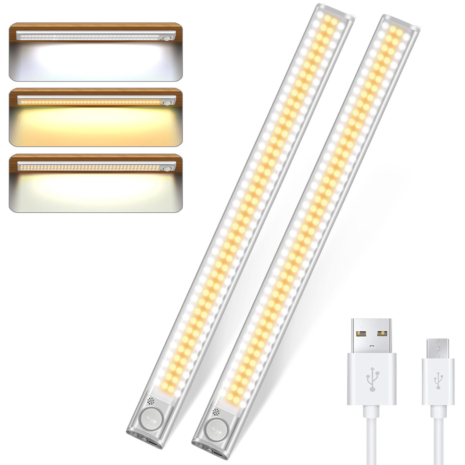 DFGOTOP Motion Sensor Lights Indoor Rechargeable, Kitchen Lights Under Cabinet Led Night Light USB for Wardrobe Kitchen Stairs [Energy Class A+++] (160LED-2PCS)
