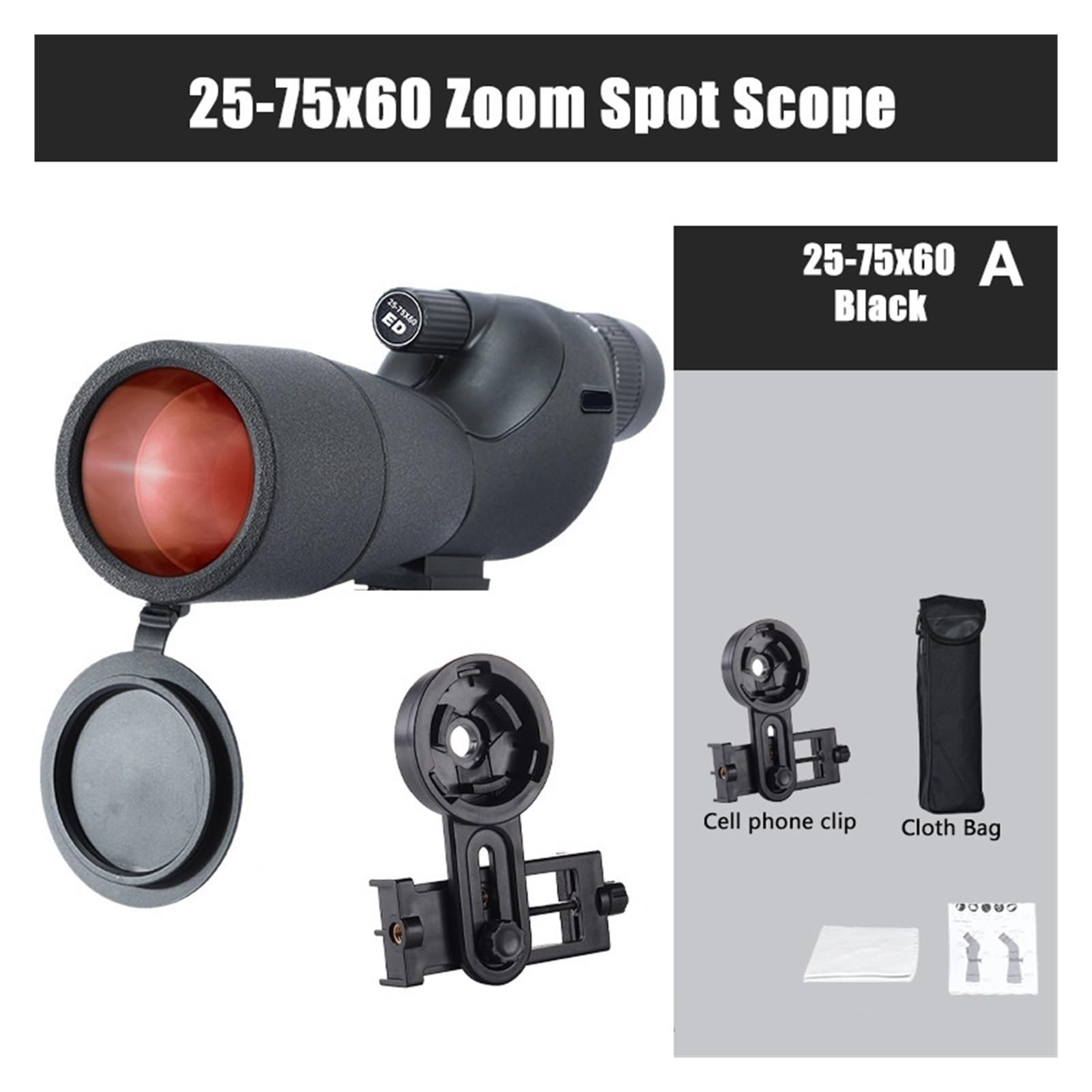 25-75x70/ 60 HD Télescope Zoom Monoculaire WatchingBird Puissant Longue Portée Étanche Longue-Vue for Le Tir Camping Tourisme Grossissement Net(25-75x60 Black A)