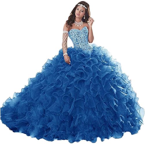 Women's Heavy Beaded Sweetheart Ball Gowns Dresses Organza Ruffles Quinceanera Dresses for Sweet 16