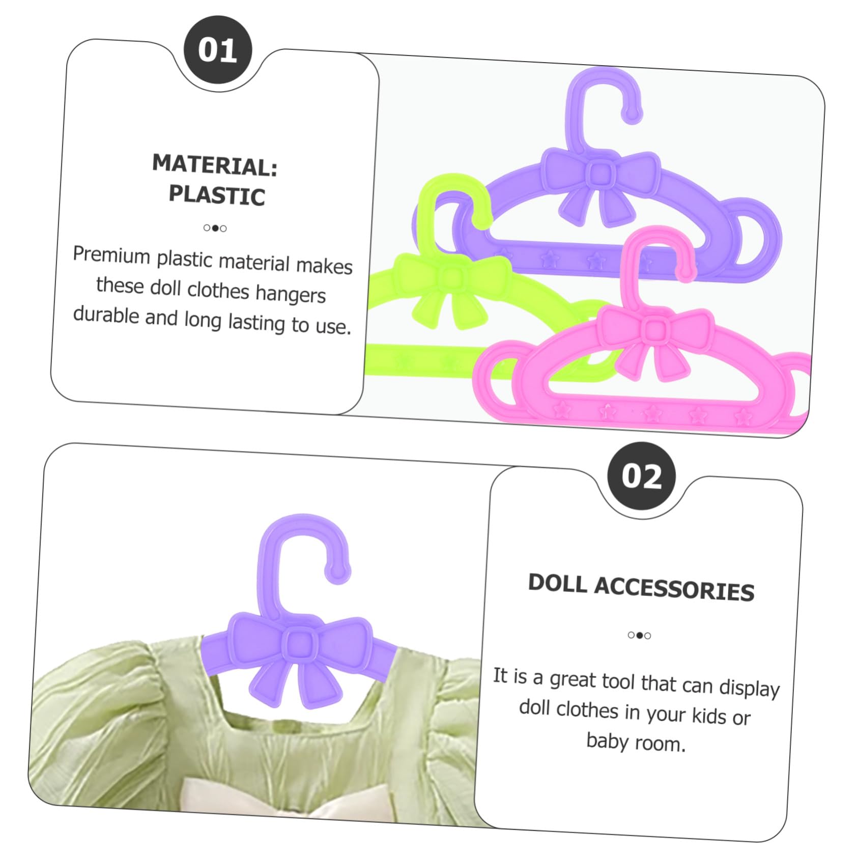Perchas para Vestidos de Muñecas de Plástico 15 Piezas | Accesorios para Ropa de Muñecas de Juguete, Surtido Rosa Verde y Morado, para Navidad y Ocasiones Obsequios