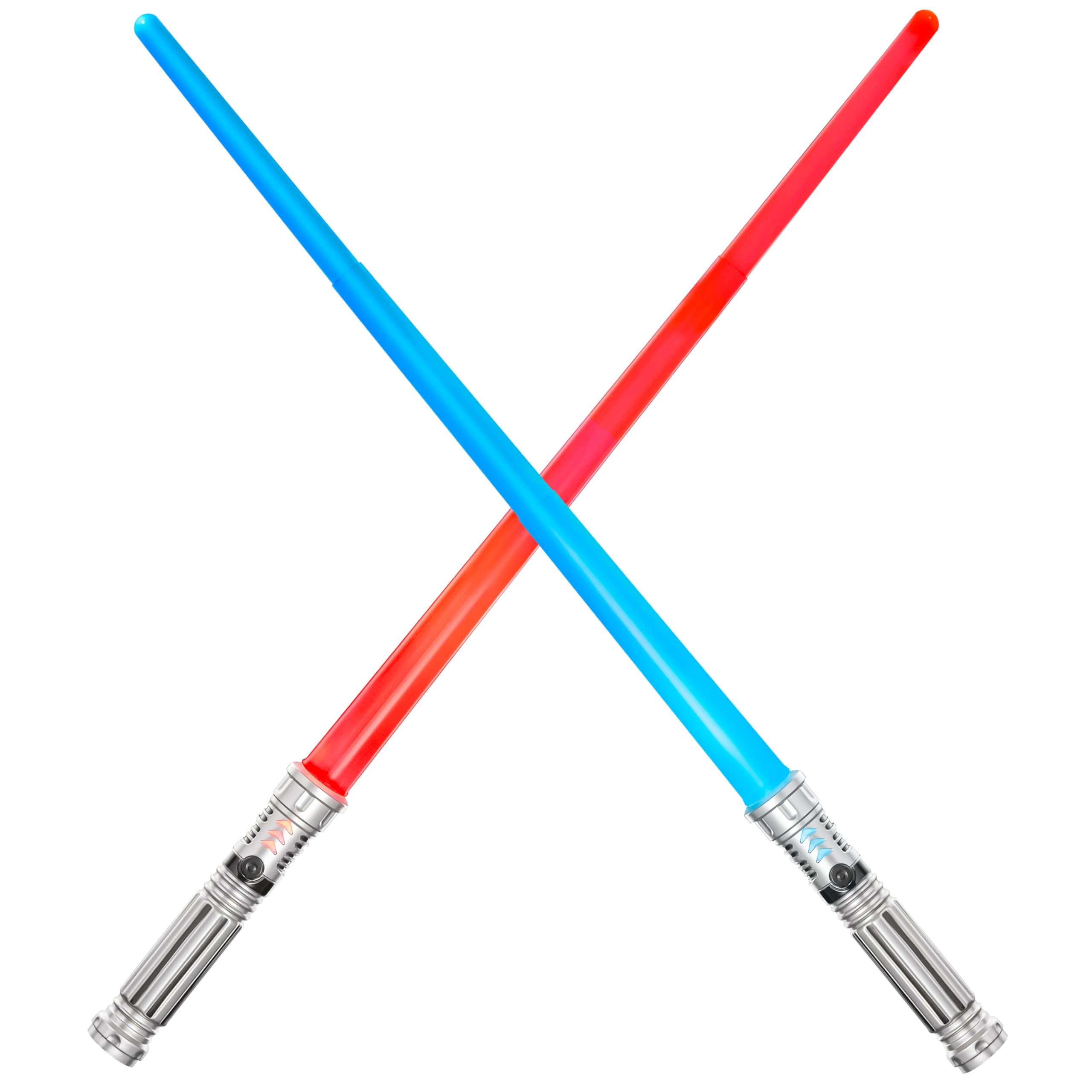 Paquete de 2 espadas iluminadas de 7 colores para niños, juego de espadas LED extensibles dobles con sonido FX (sensible al movimiento) y mango plateado para luchadores y guerreros, regalo de 8
