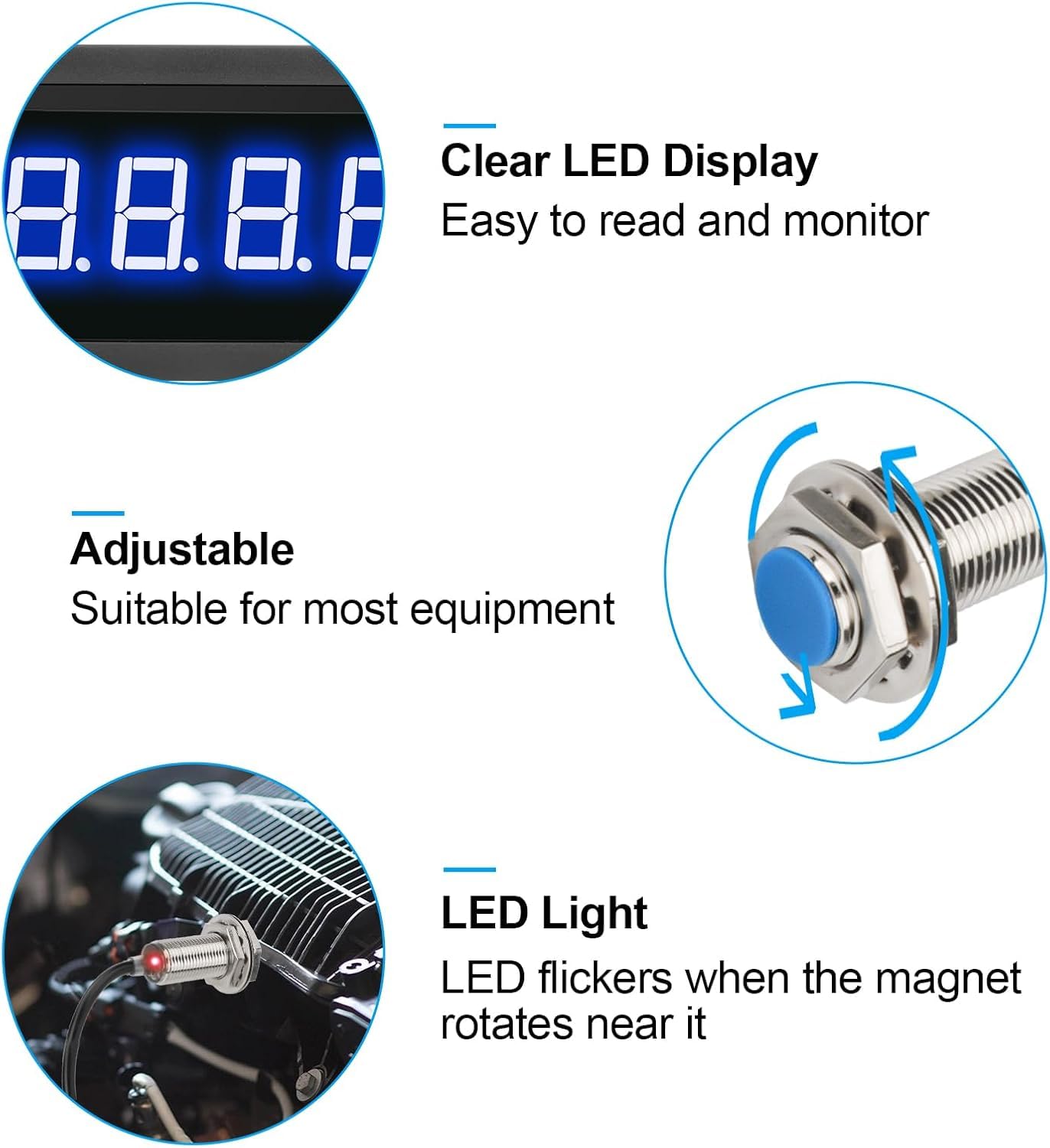 Tacómetro LED Digital 4 Dígitos Medidor Velocidad RPM Sensor Proximidad Hall NPN Entrada NPN/PNP Rango 10-999999RPM Azul