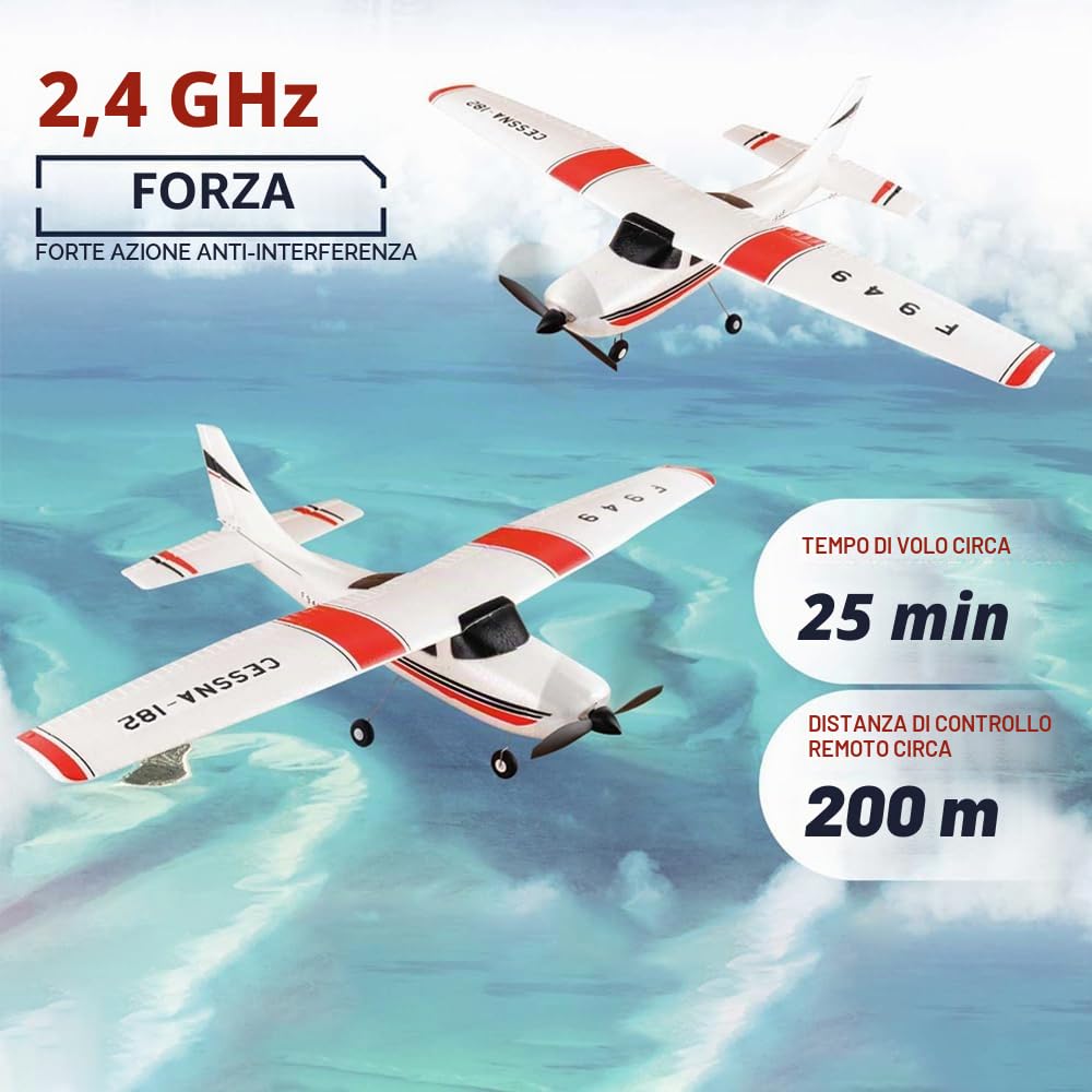 F949 RC Aereo 3D6G 3CH RTF Radiocomandato Aerei con Giroscopio, 720 Motore, CESSNA-182 Aereo da Esterno per Adulti Principianti (2BSL+Motor)