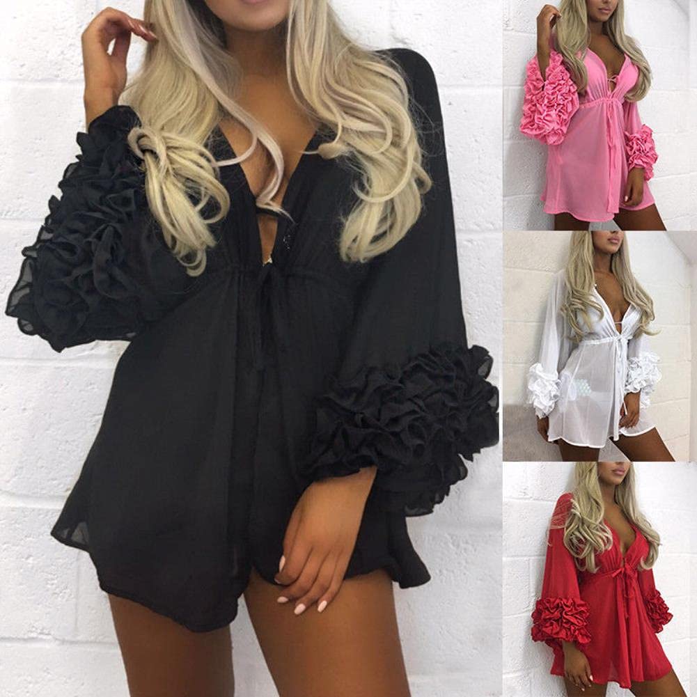 Robe de Plage Été Sexy Beach Mini Robe Femmes Longues Manches Bikini Couvre-Bikini Couvre-Tunique Pareo Sarong Maillot De Bain Maillaison