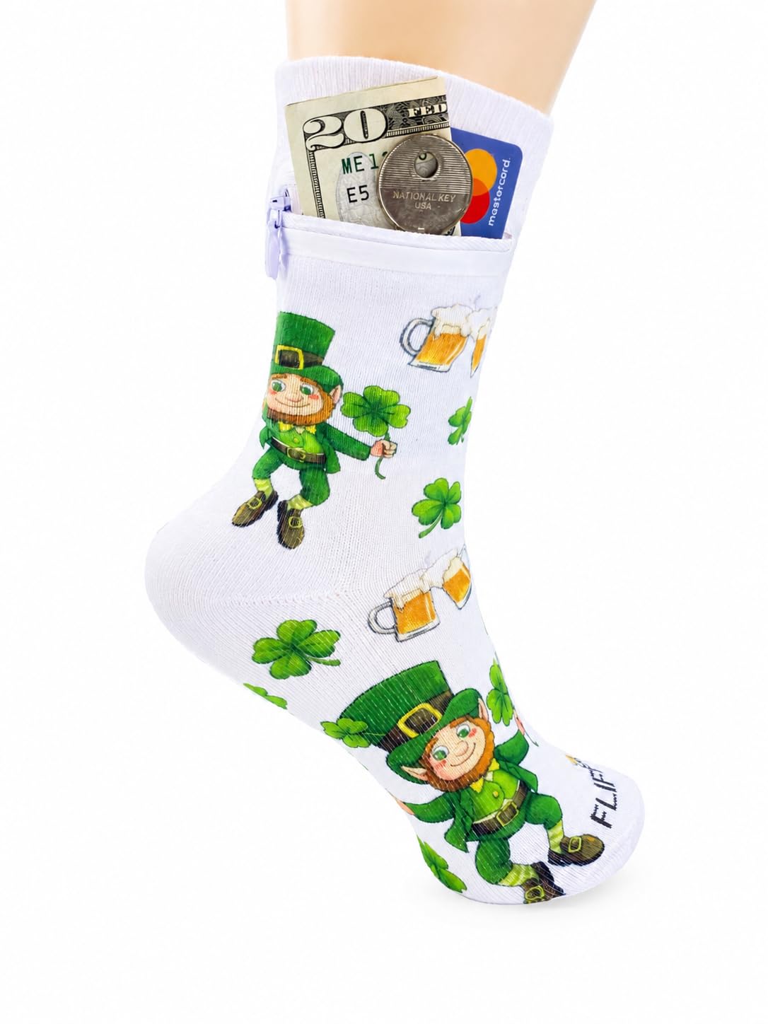 Zipper Sock Wallet - Cotton &amp; Polyester Zipper Socks with Pockets - Fits shoe size 6-13