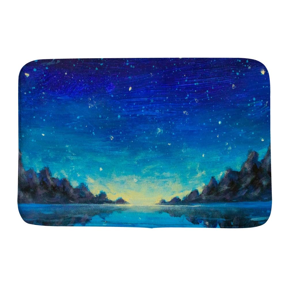 Tapis de bain montagne bleu nuit 91x61 cm antidérapant aquarelle