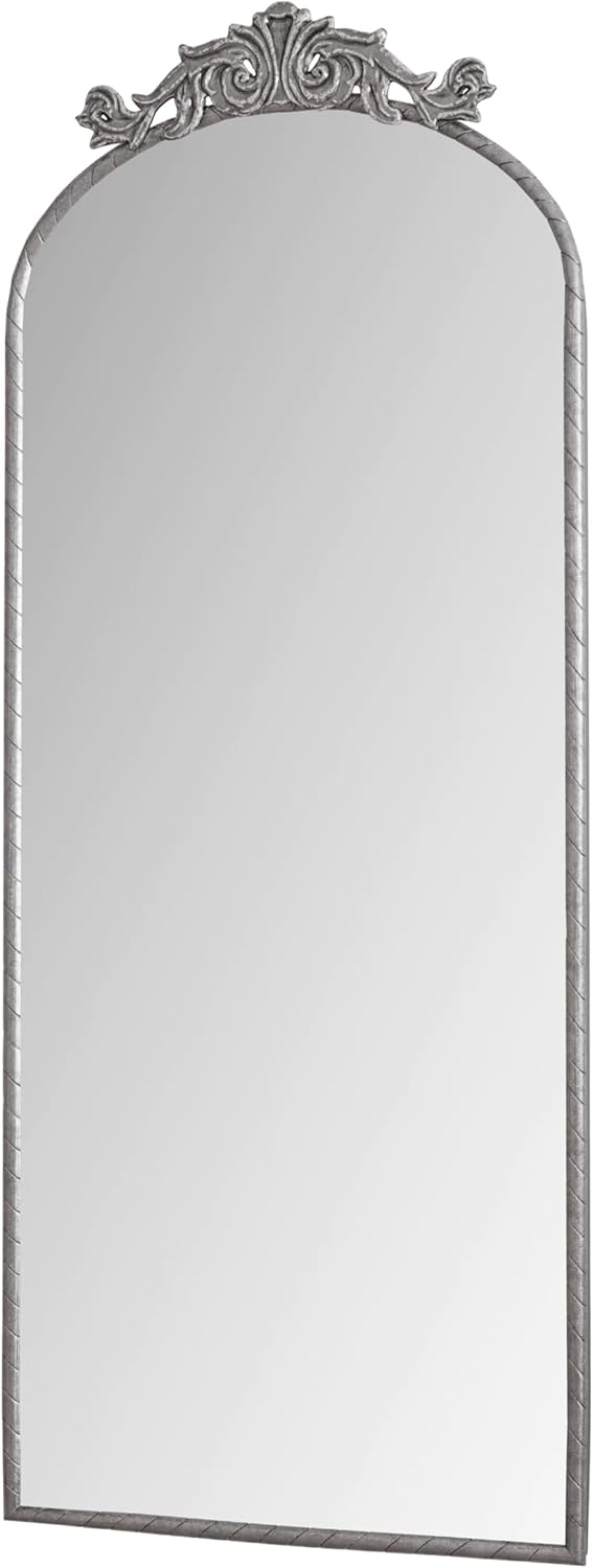 Sophisticated 58"x25" Arched Full Body Mirror - Antique Silver with Ornate Carved Applique, Ideal Hanging Wall Mirror for Retro Living Room & Bedroom Decoration